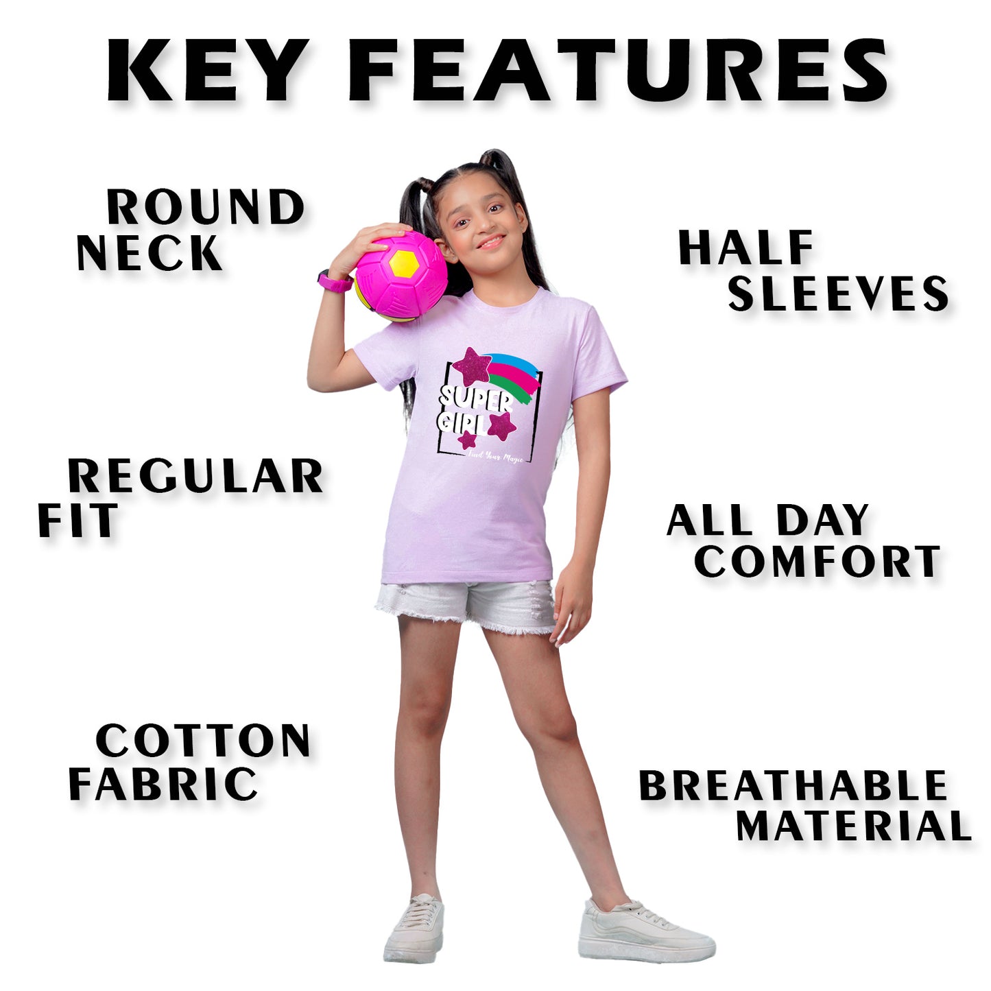 Nusyl Girl's Lilac Super Girl & Star Printed Regular Fit T-Shirt