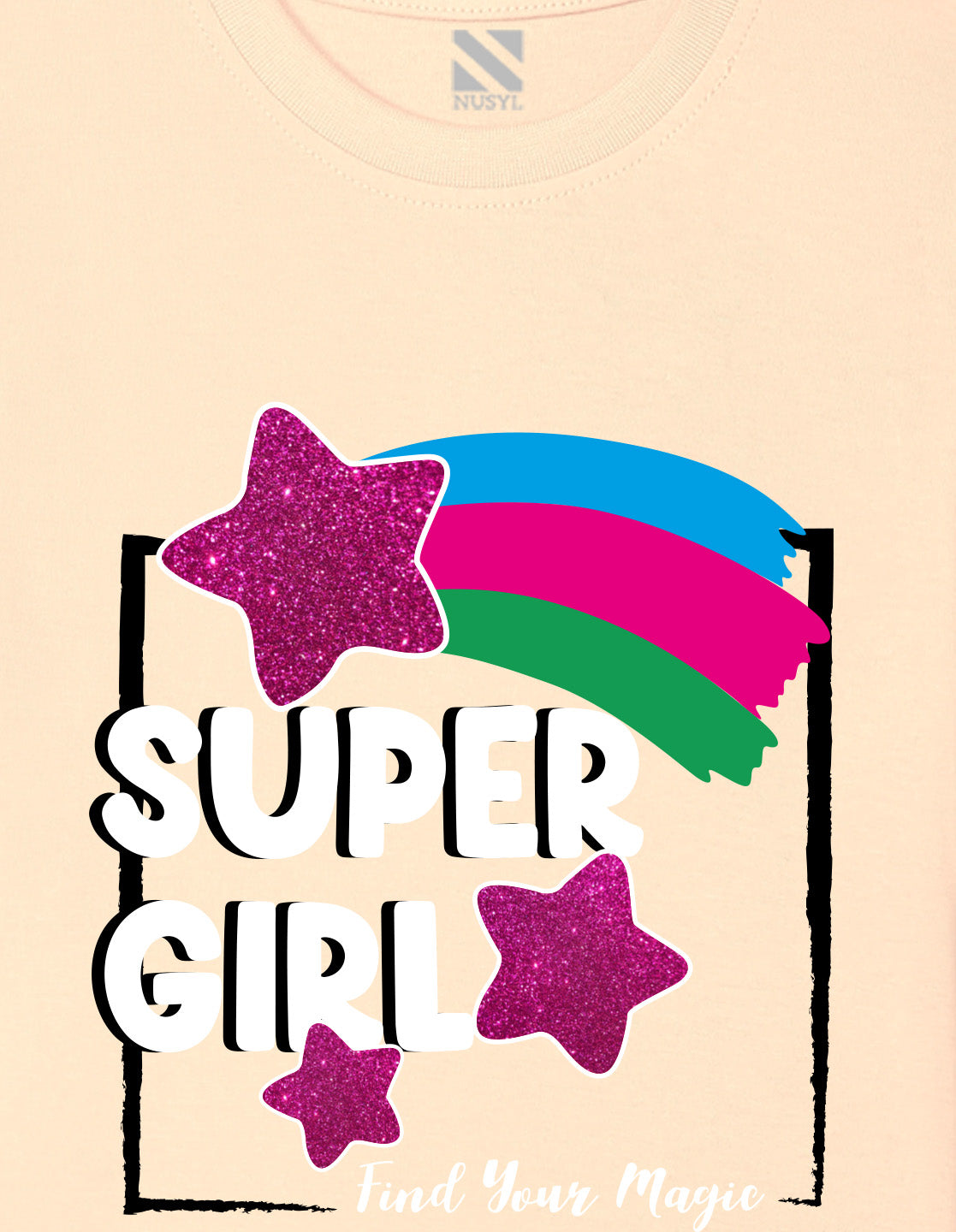 Nusyl Girl's Beige Super Girl & Star Printed Regular Fit T-Shirt