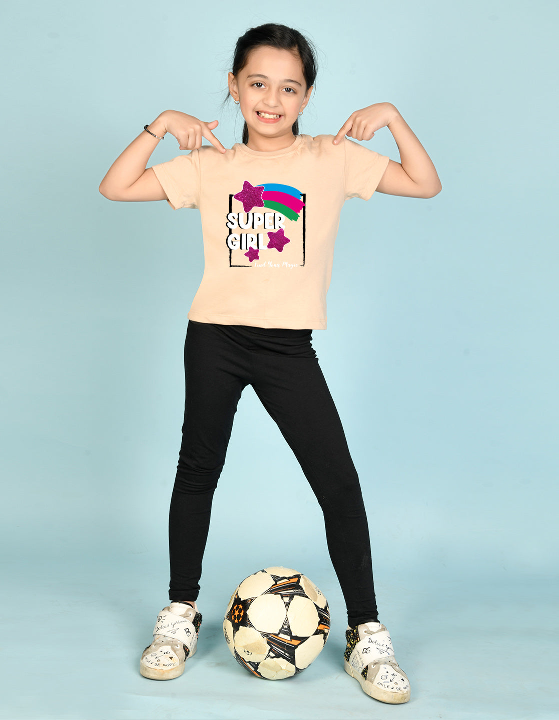 Nusyl Girl's Beige Super Girl & Star Printed Regular Fit T-Shirt