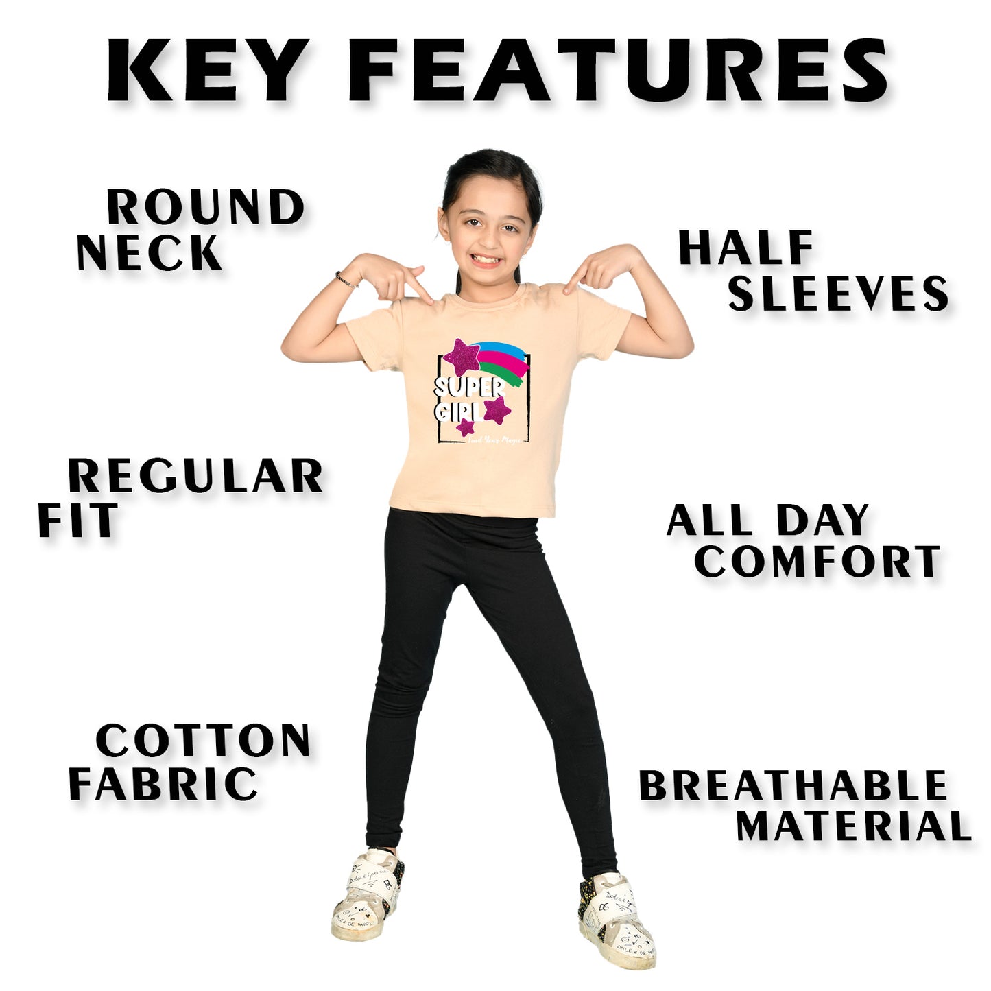 Nusyl Girl's Beige Super Girl & Star Printed Regular Fit T-Shirt
