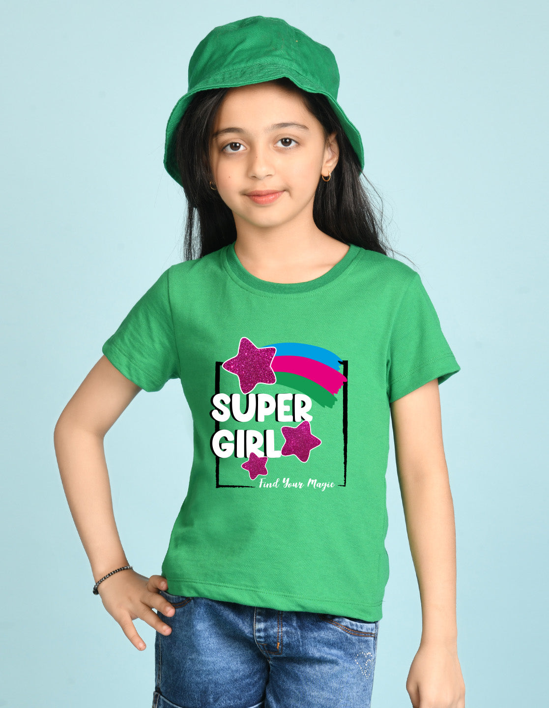 Nusyl Girl's Green Super Girl & Star Printed Regular Fit T-Shirt