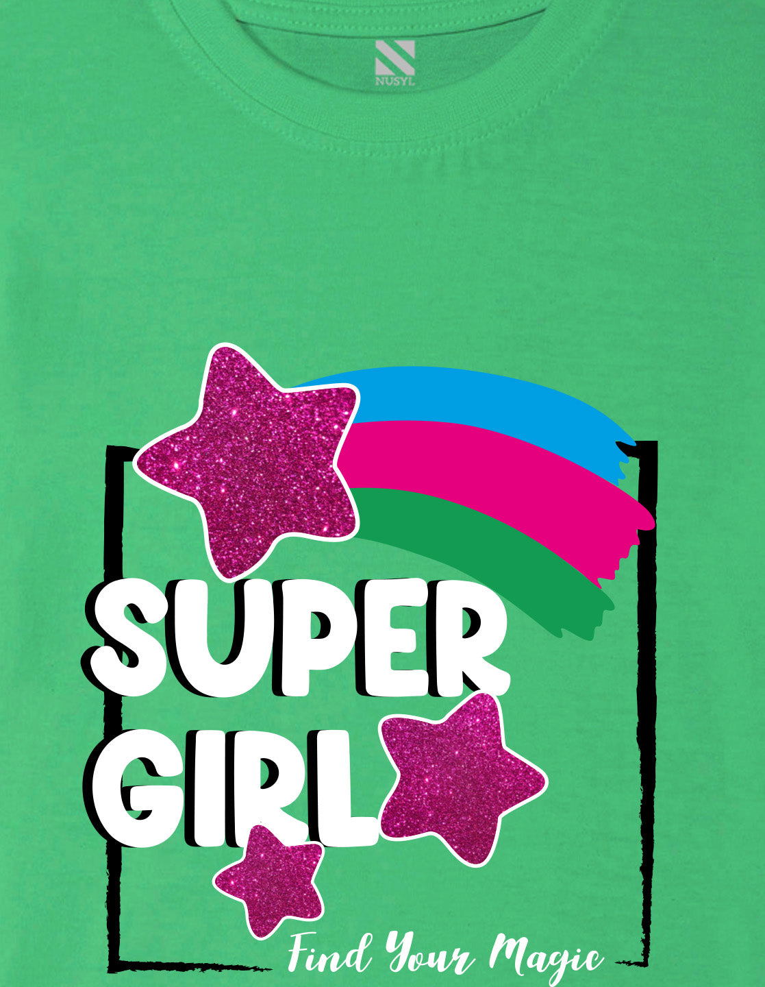 Nusyl Girl's Green Super Girl & Star Printed Regular Fit T-Shirt