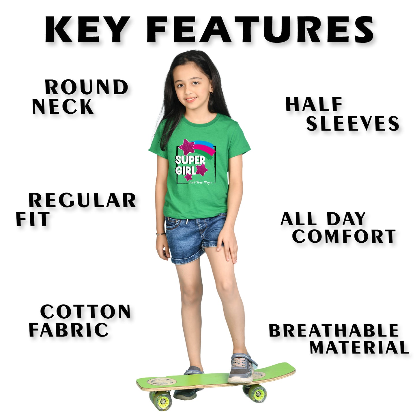Nusyl Girl's Green Super Girl & Star Printed Regular Fit T-Shirt