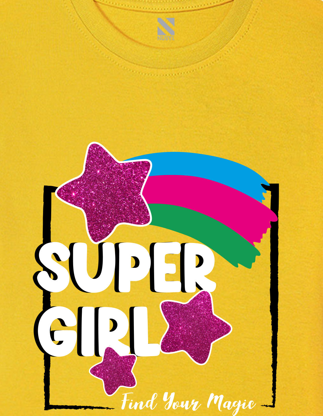 Nusyl Girl's Yellow Super Girl & Star Printed Regular Fit T-Shirt