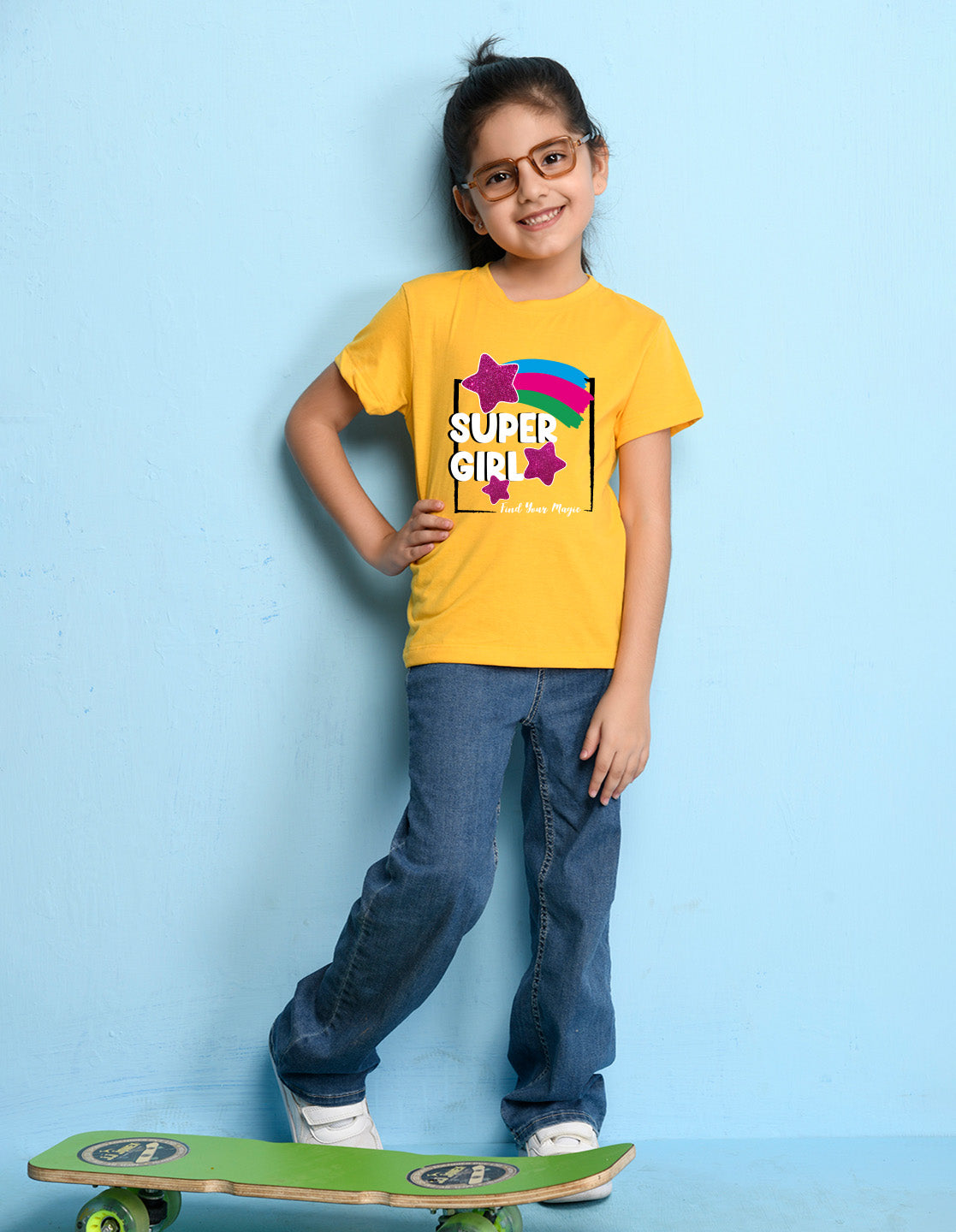 Nusyl Girl's Yellow Super Girl & Star Printed Regular Fit T-Shirt