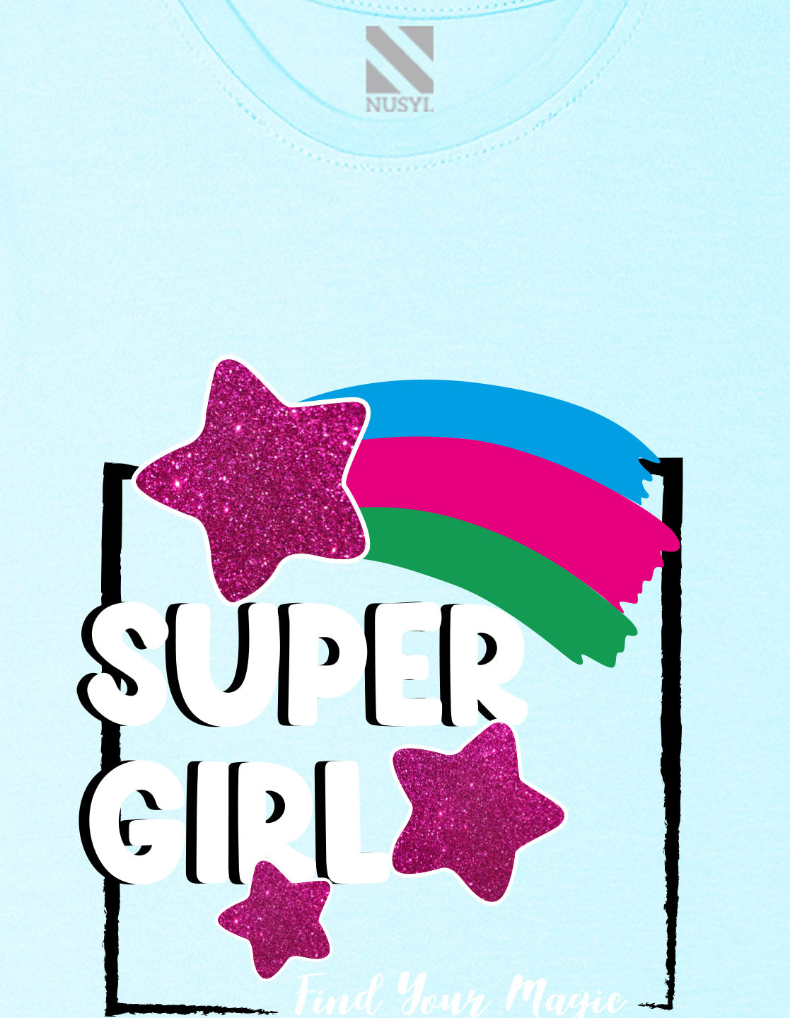 Nusyl Girl's Sky Blue Super Girl & Star Printed Regular Fit T-Shirt