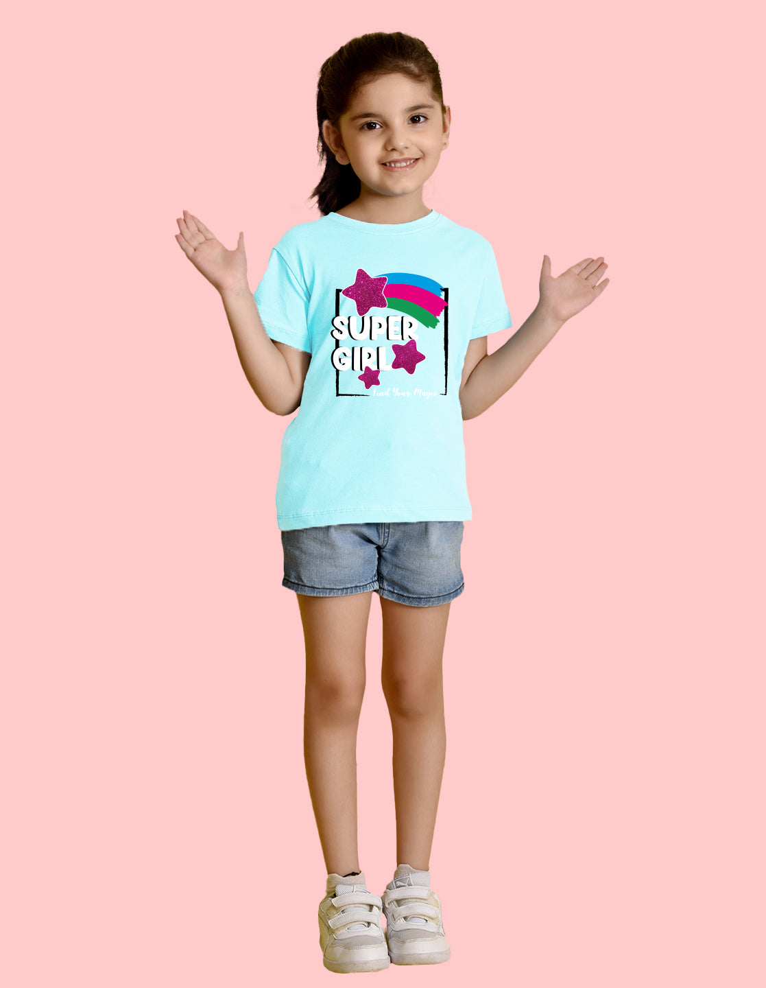 Nusyl Girl's Sky Blue Super Girl & Star Printed Regular Fit T-Shirt