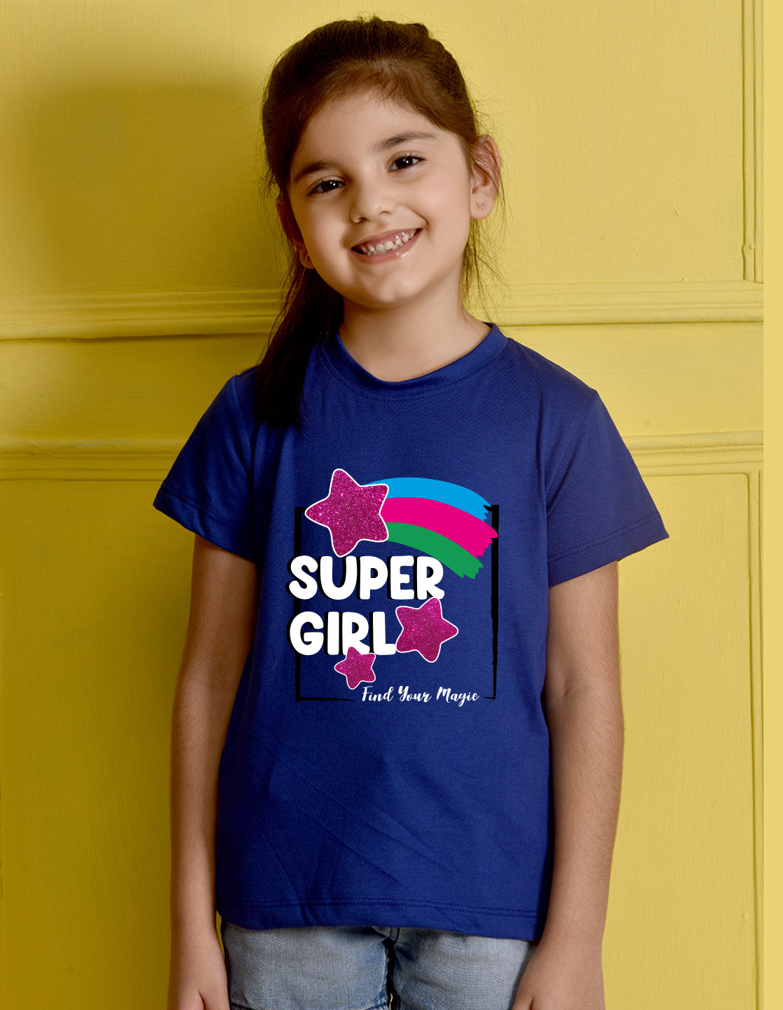 Nusyl Girl's Royal Blue Super Girl & Star Printed Regular Fit T-Shirt