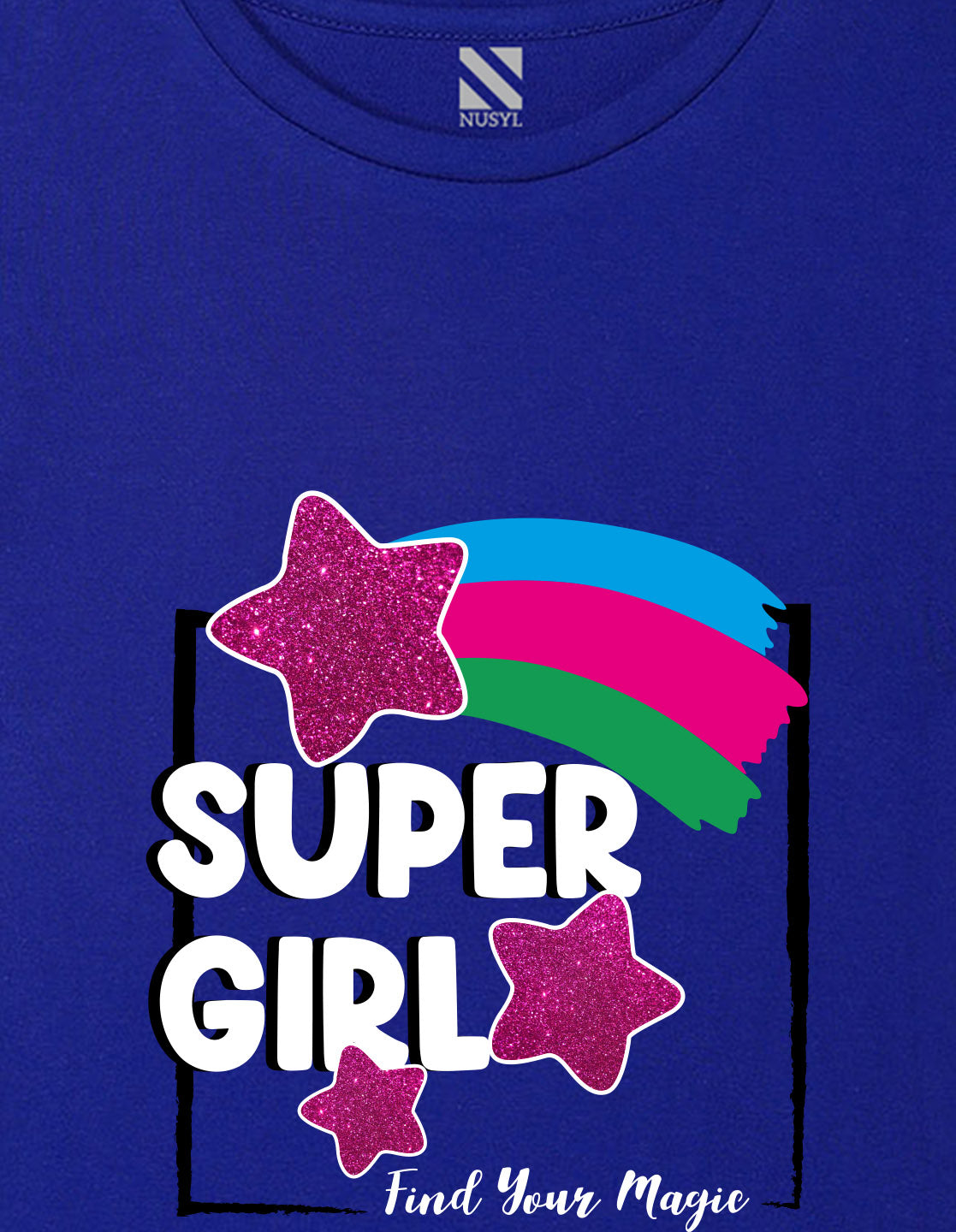 Nusyl Girl's Royal Blue Super Girl & Star Printed Regular Fit T-Shirt