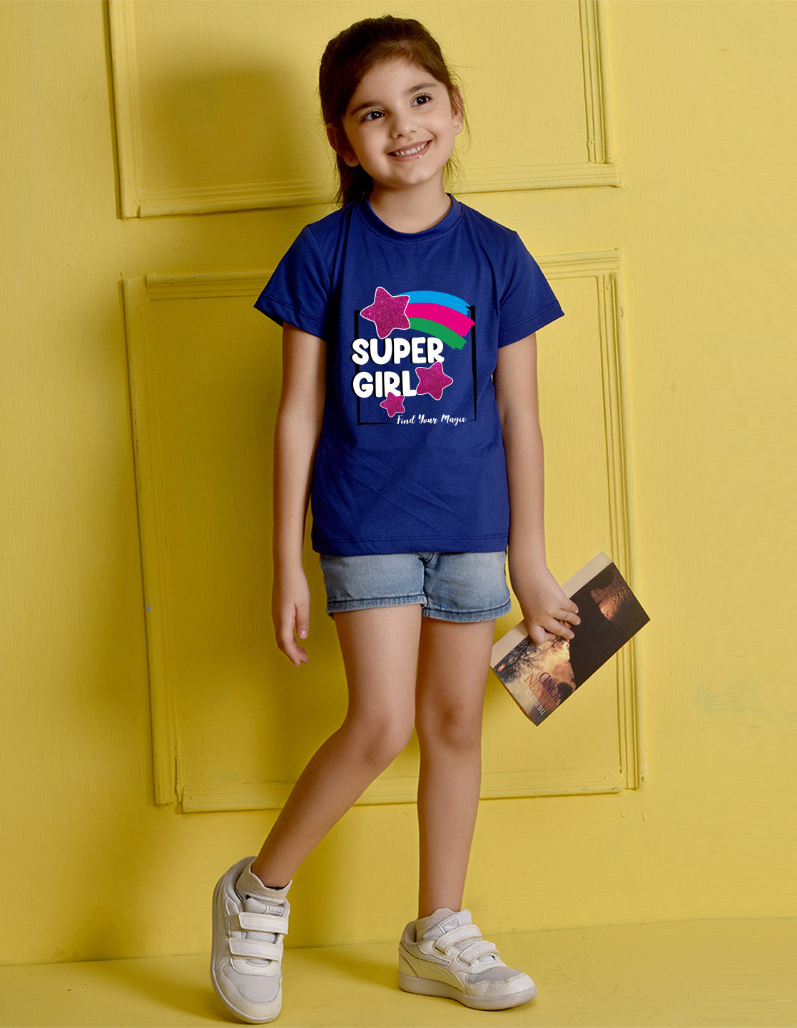 Nusyl Girl's Royal Blue Super Girl & Star Printed Regular Fit T-Shirt