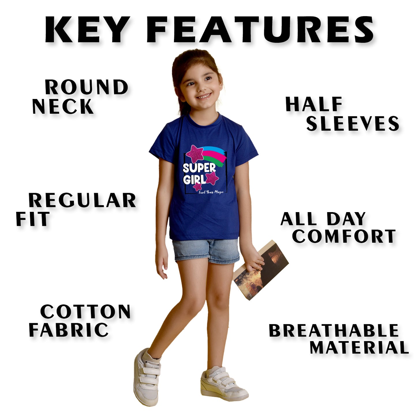 Nusyl Girl's Royal Blue Super Girl & Star Printed Regular Fit T-Shirt