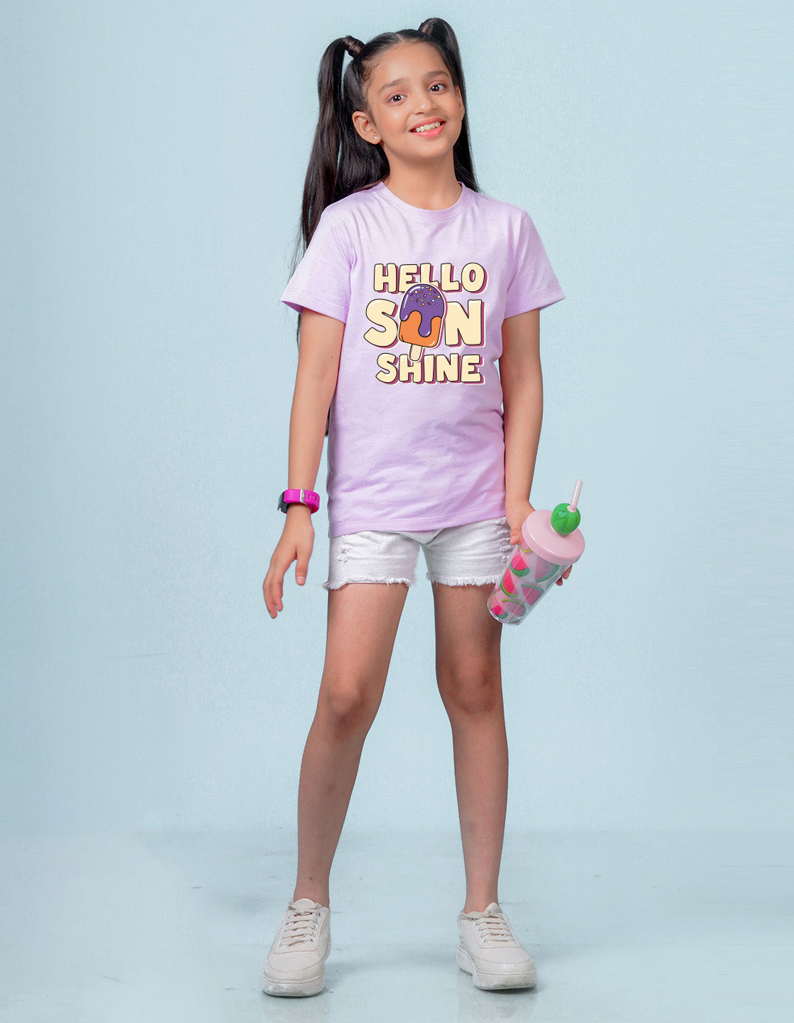 Nusyl Girl's Lilac Hello Sun Shine Text Printed Regular Fit T-Shirt