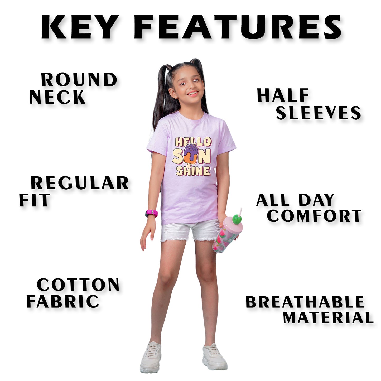 Nusyl Girl's Lilac Hello Sun Shine Text Printed Regular Fit T-Shirt