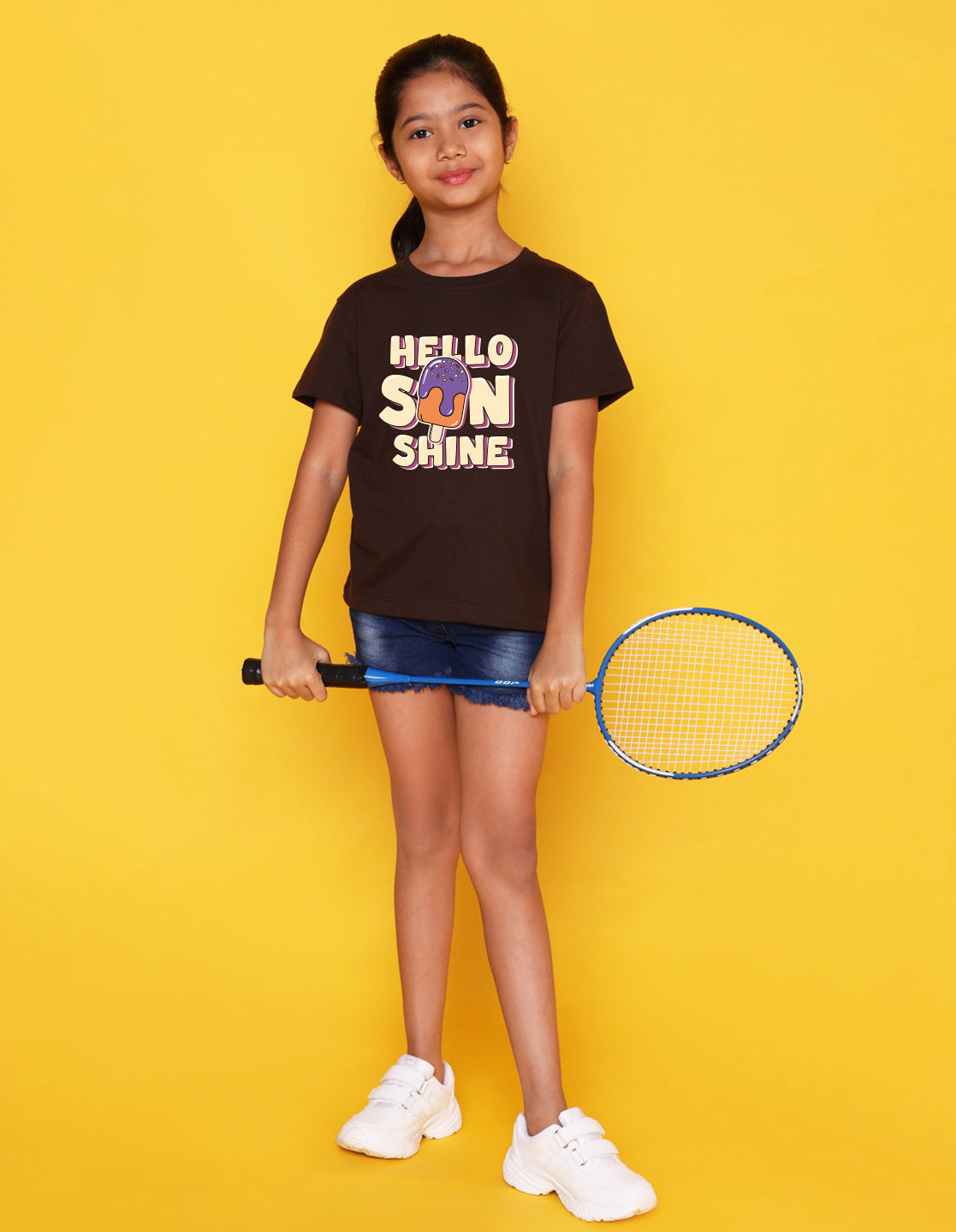 Nusyl Girl's Brown Hello Sun Shine Text Printed Regular Fit T-Shirt
