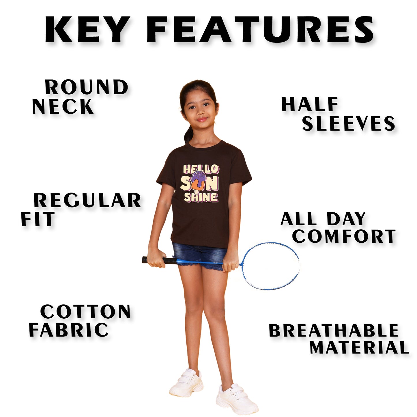 Nusyl Girl's Brown Hello Sun Shine Text Printed Regular Fit T-Shirt