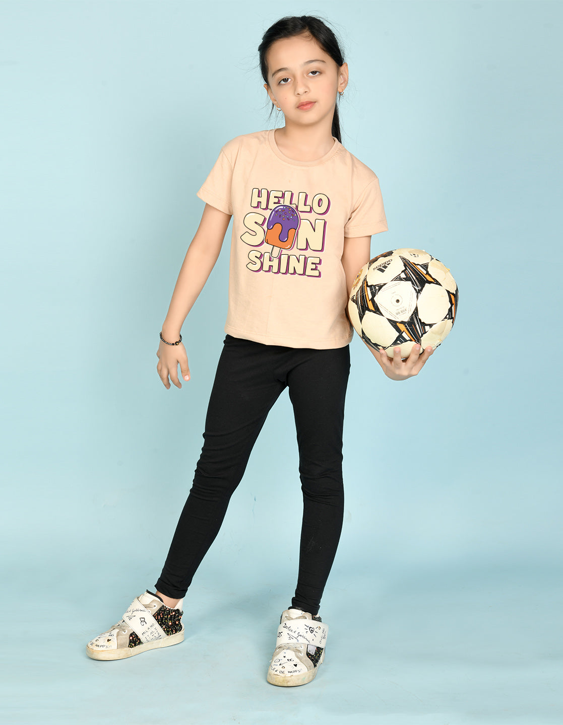 Nusyl Girl's Beige Hello Sun Shine Text Printed Regular Fit T-Shirt