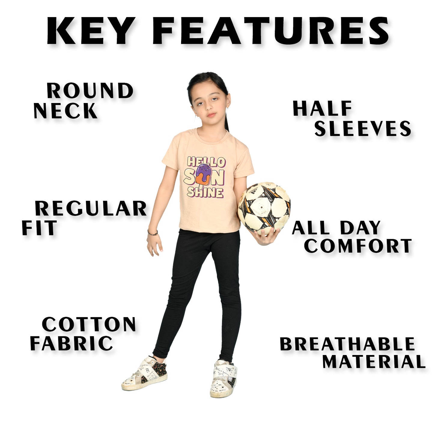 Nusyl Girl's Beige Hello Sun Shine Text Printed Regular Fit T-Shirt