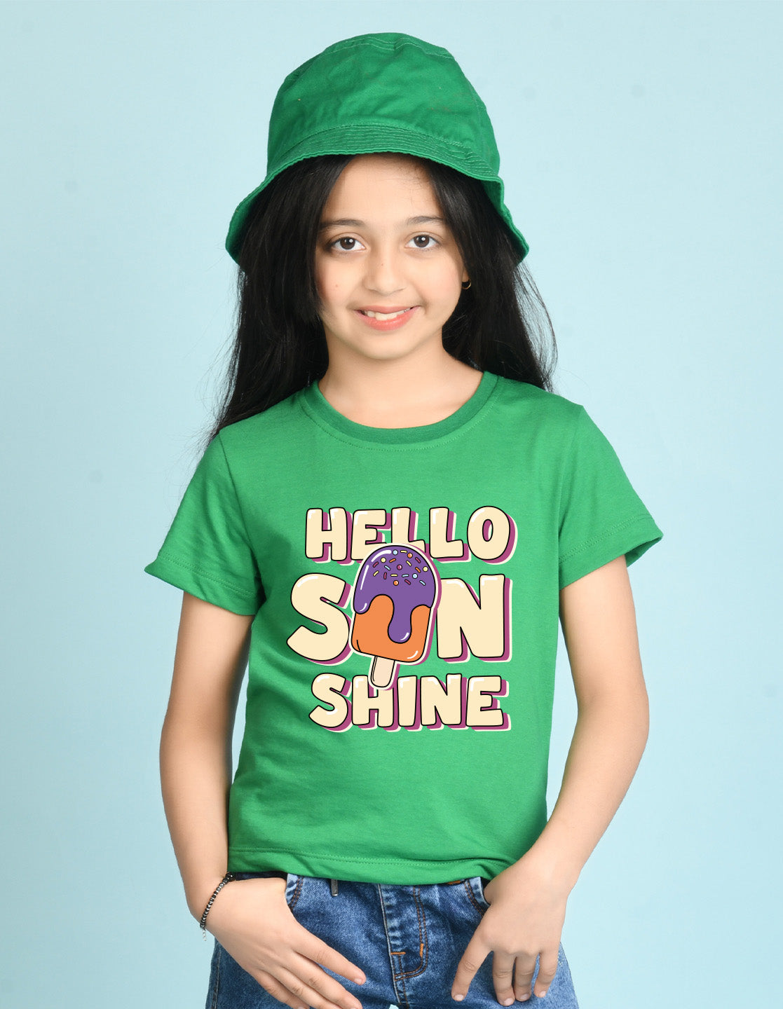 Nusyl Girl's Green Hello Sun Shine Text Printed Regular Fit T-Shirt