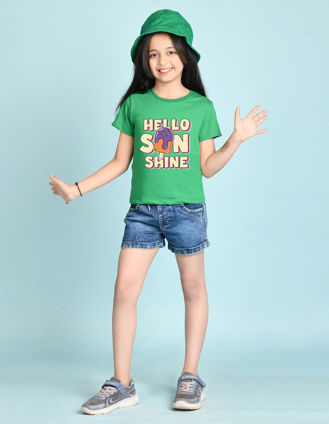 Nusyl Girl's Green Hello Sun Shine Text Printed Regular Fit T-Shirt