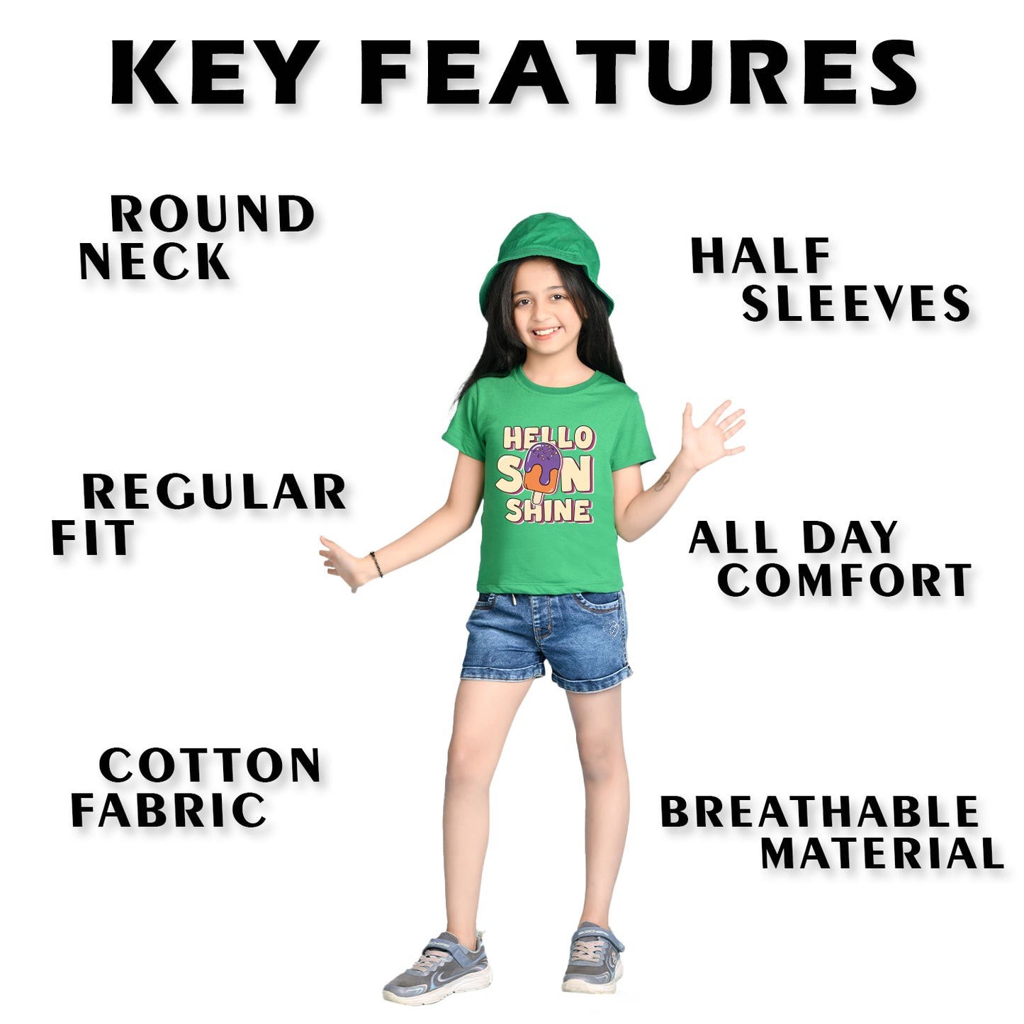 Nusyl Girl's Green Hello Sun Shine Text Printed Regular Fit T-Shirt