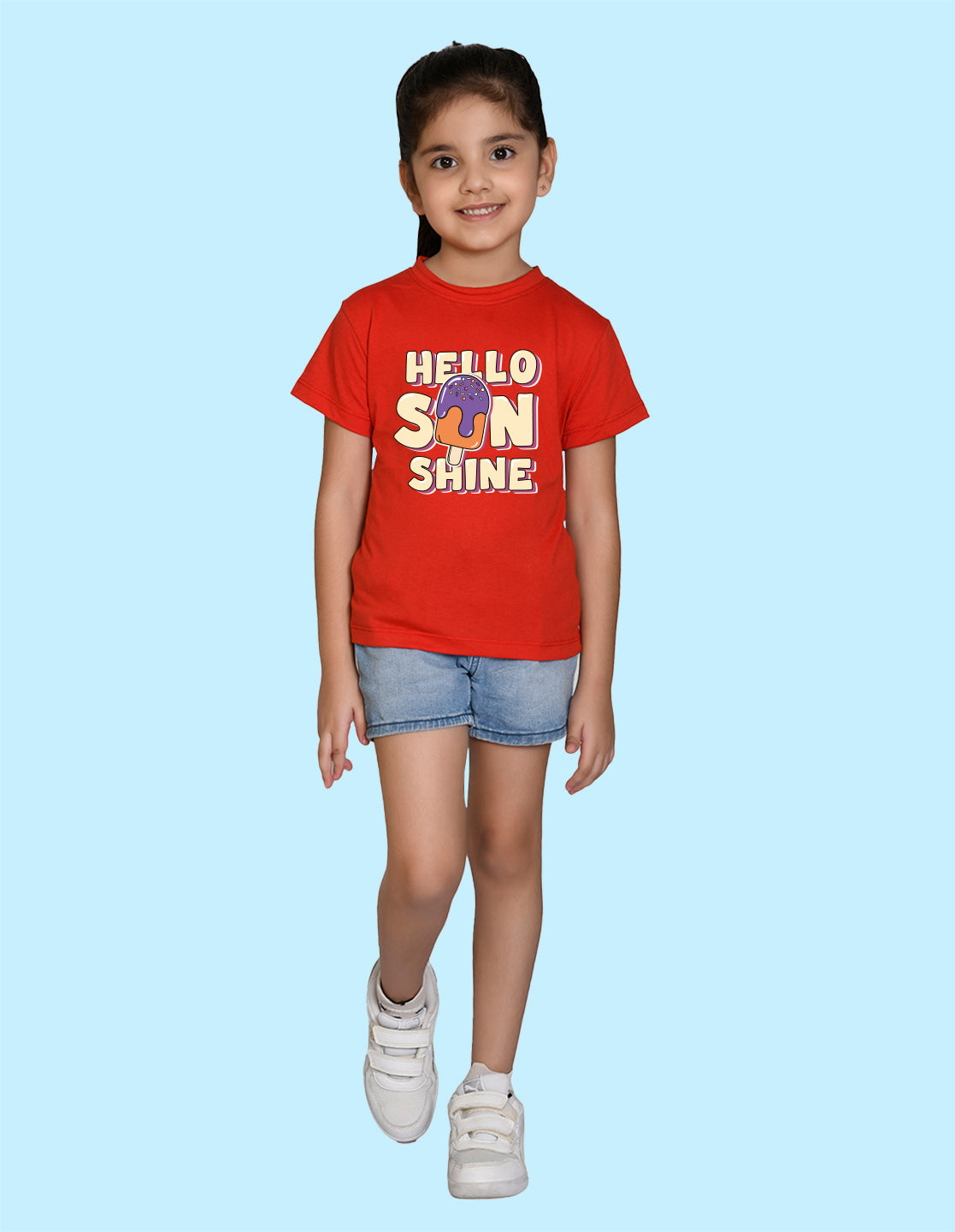Nusyl Girl's Red Hello Sun Shine Text Printed Regular Fit T-Shirt