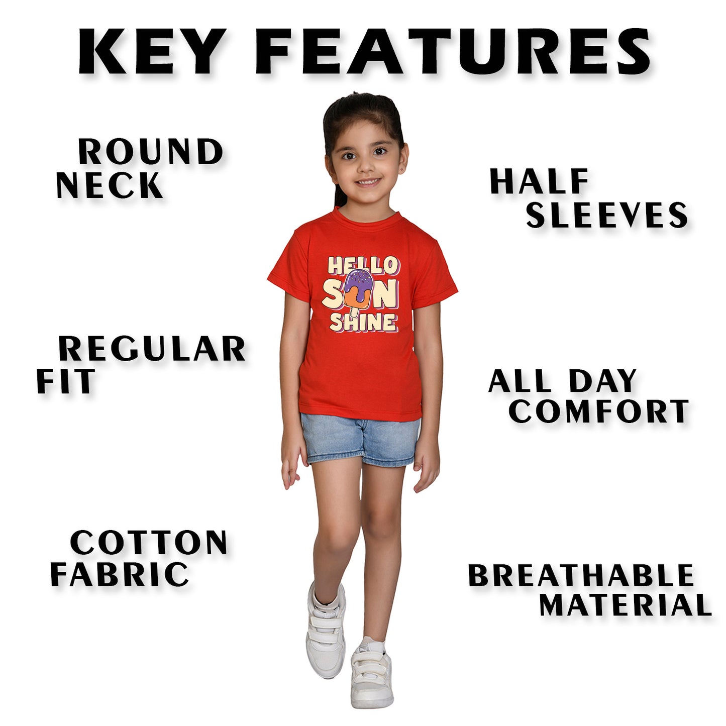 Nusyl Girl's Red Hello Sun Shine Text Printed Regular Fit T-Shirt
