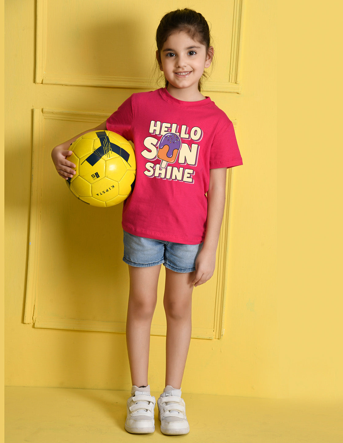 Nusyl Girl's Hot Pink Hello Sun Shine Text Printed Regular Fit T-Shirt