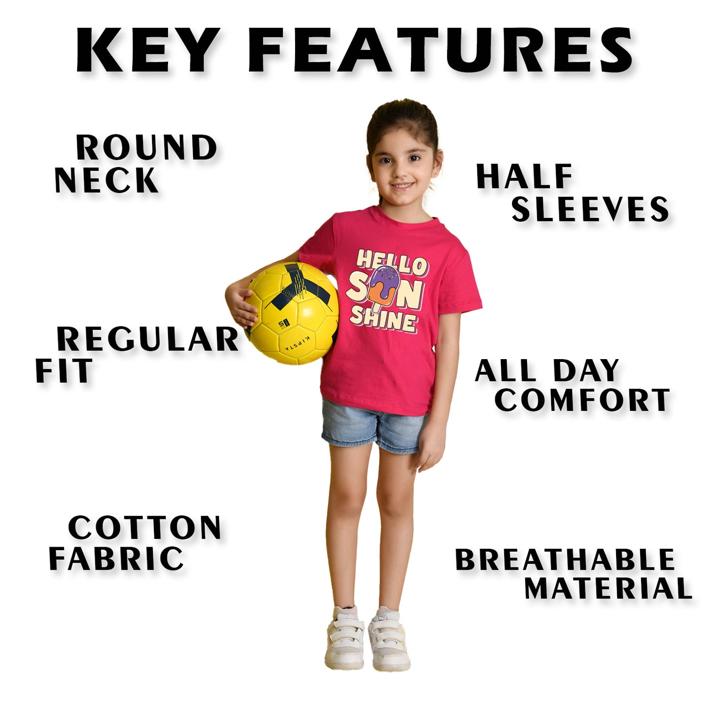 Nusyl Girl's Hot Pink Hello Sun Shine Text Printed Regular Fit T-Shirt
