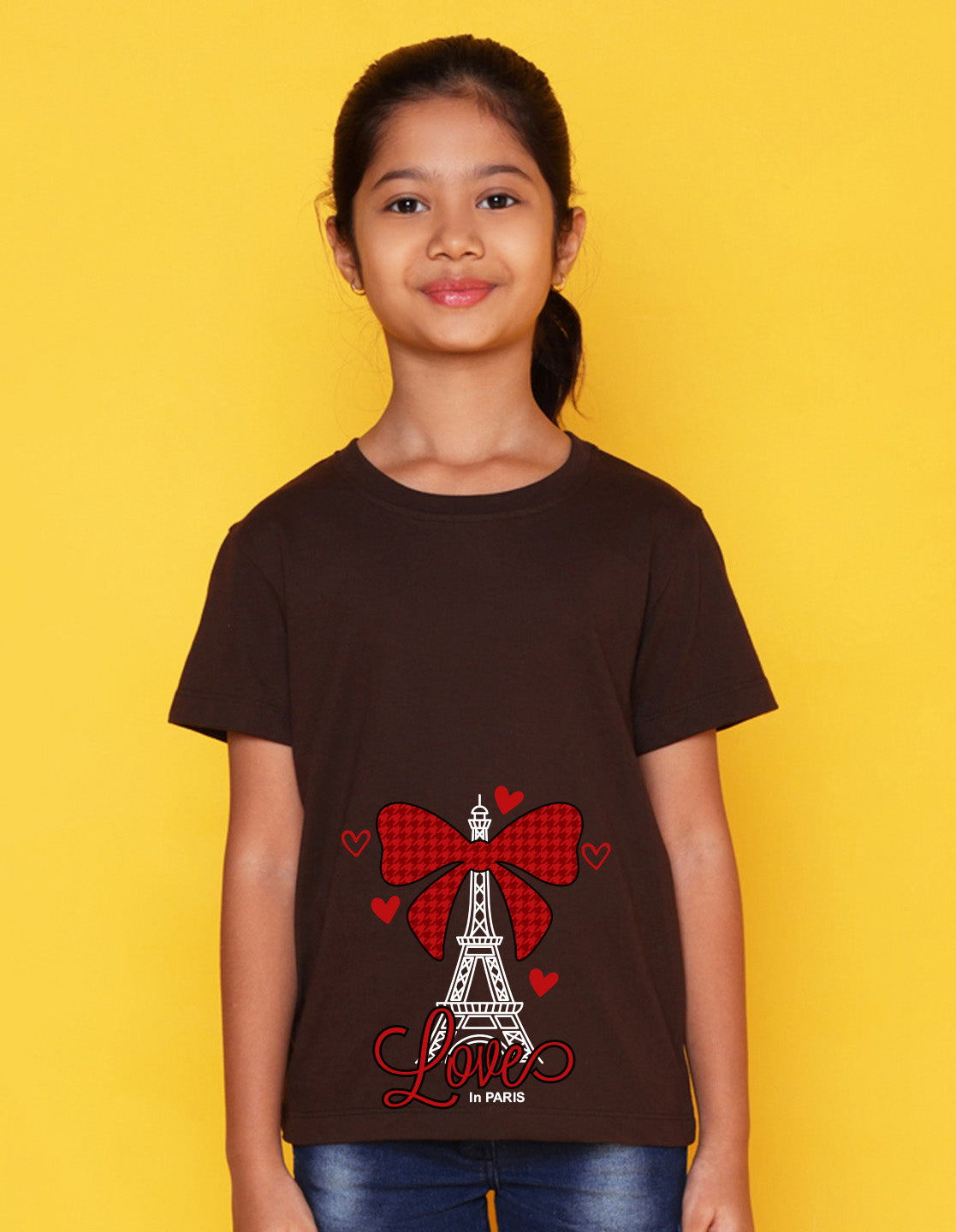 Nusyl Girl's Brown Eiffel Tower & Text Printed Regular Fit T-Shirt