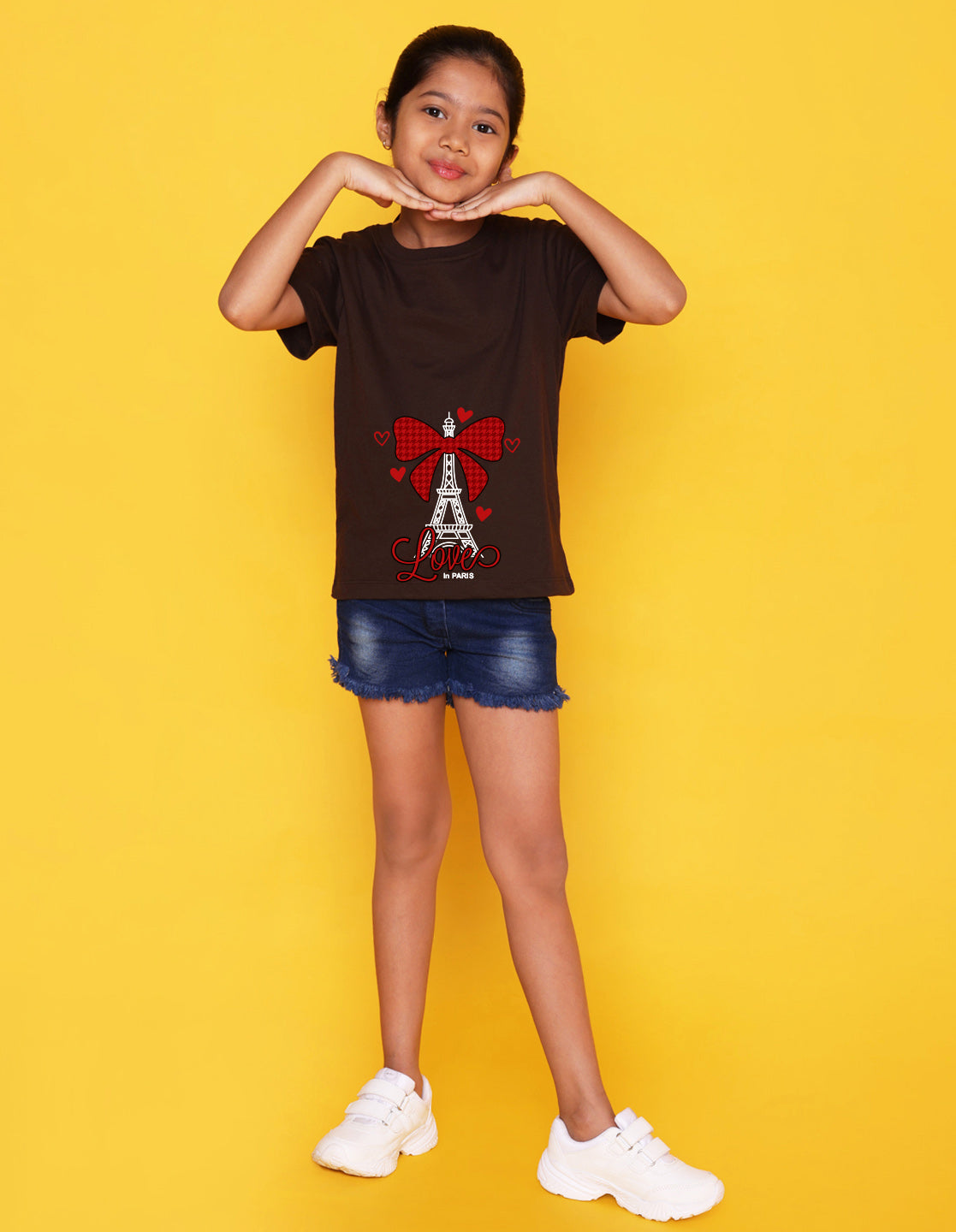 Nusyl Girl's Brown Eiffel Tower & Text Printed Regular Fit T-Shirt