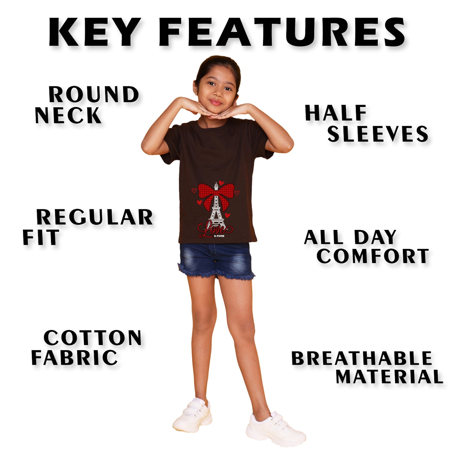 Nusyl Girl's Brown Eiffel Tower & Text Printed Regular Fit T-Shirt