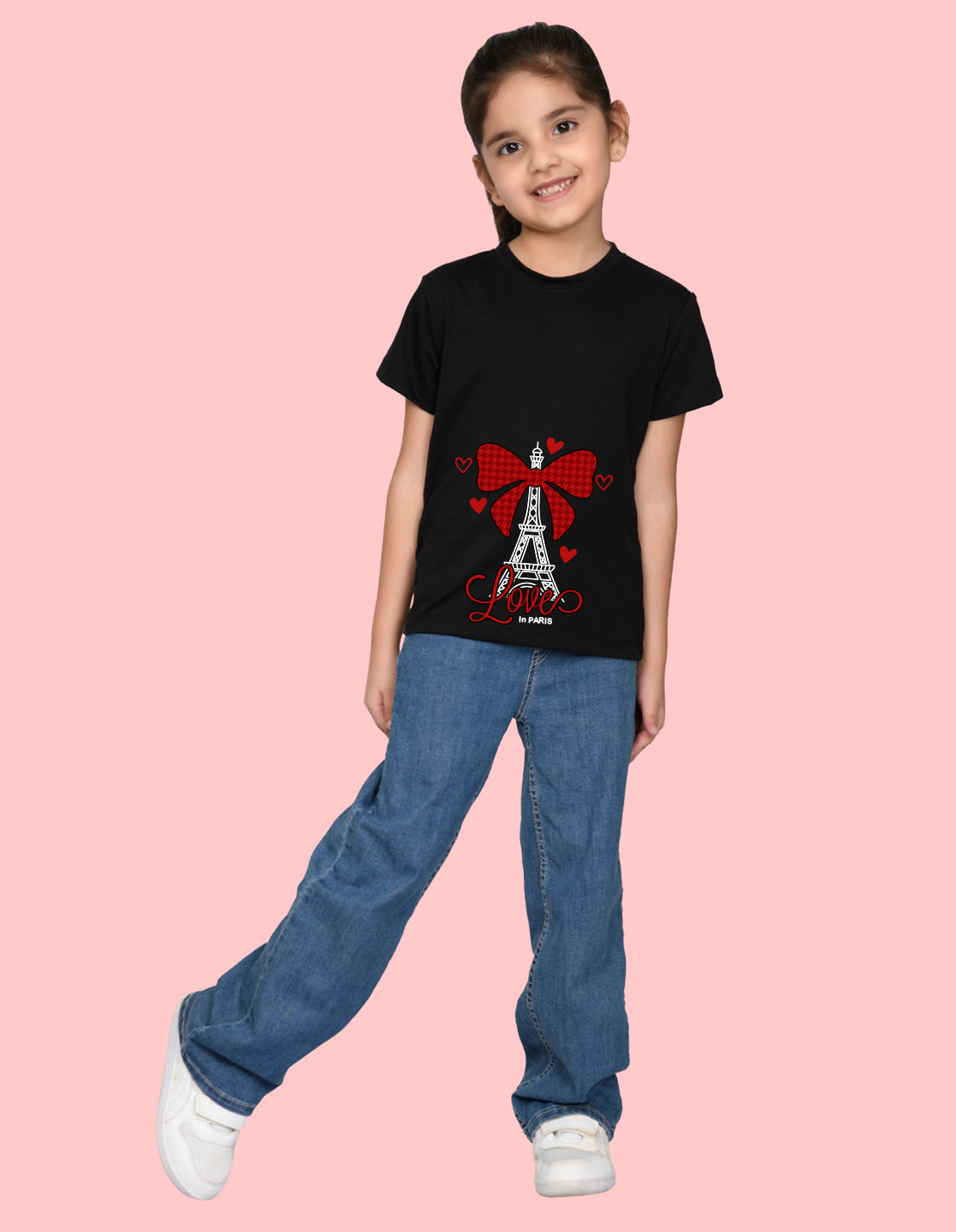 Nusyl Girl's Black Eiffel Tower & Text Printed Regular Fit T-Shirt