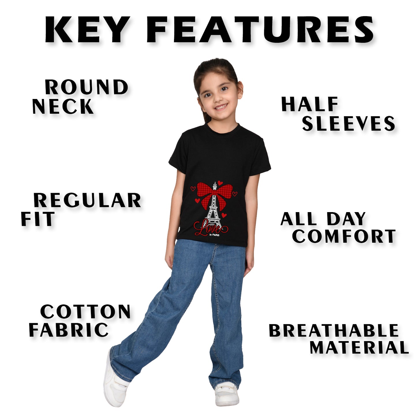 Nusyl Girl's Black Eiffel Tower & Text Printed Regular Fit T-Shirt