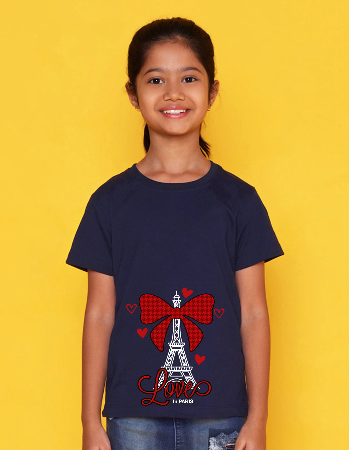 Nusyl Girl's Navy Blue Eiffel Tower & Text Printed Regular Fit T-Shirt