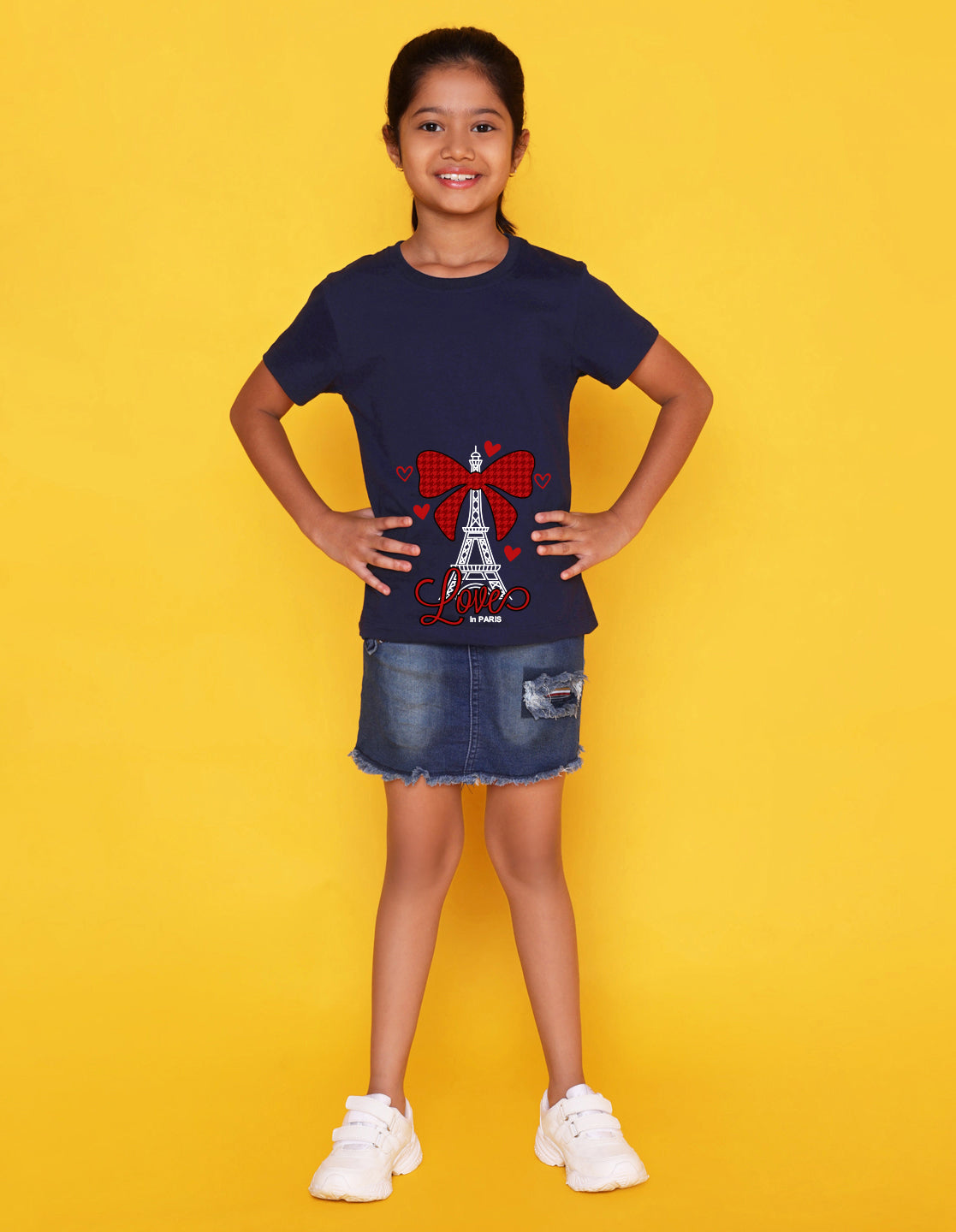 Nusyl Girl's Navy Blue Eiffel Tower & Text Printed Regular Fit T-Shirt