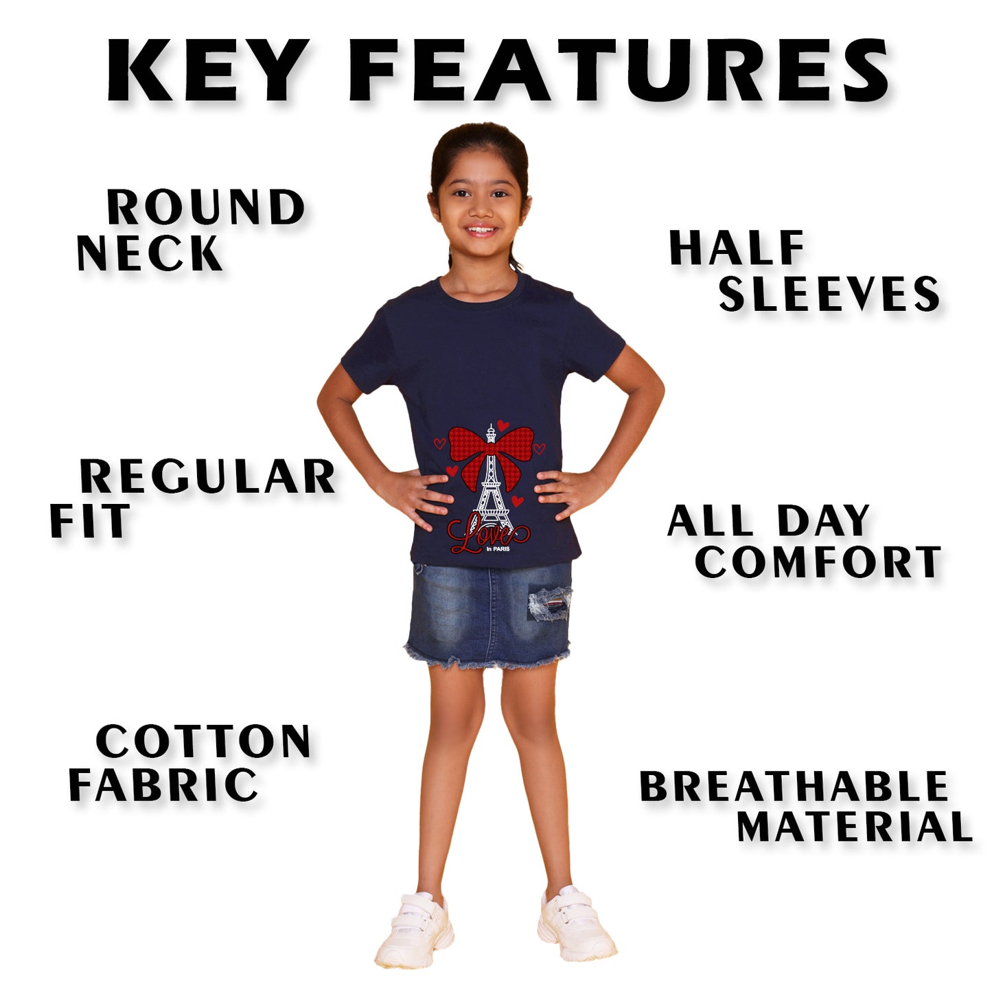 Nusyl Girl's Navy Blue Eiffel Tower & Text Printed Regular Fit T-Shirt