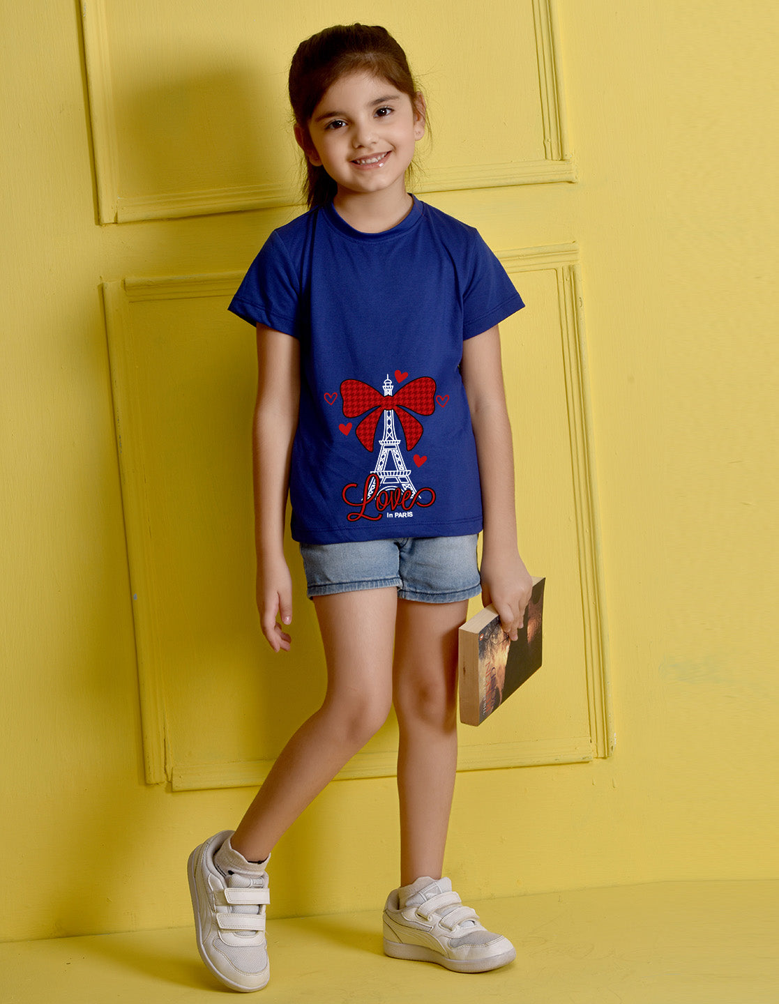 Nusyl Girl's Royal Blue Eiffel Tower & Text Printed Regular Fit T-Shirt