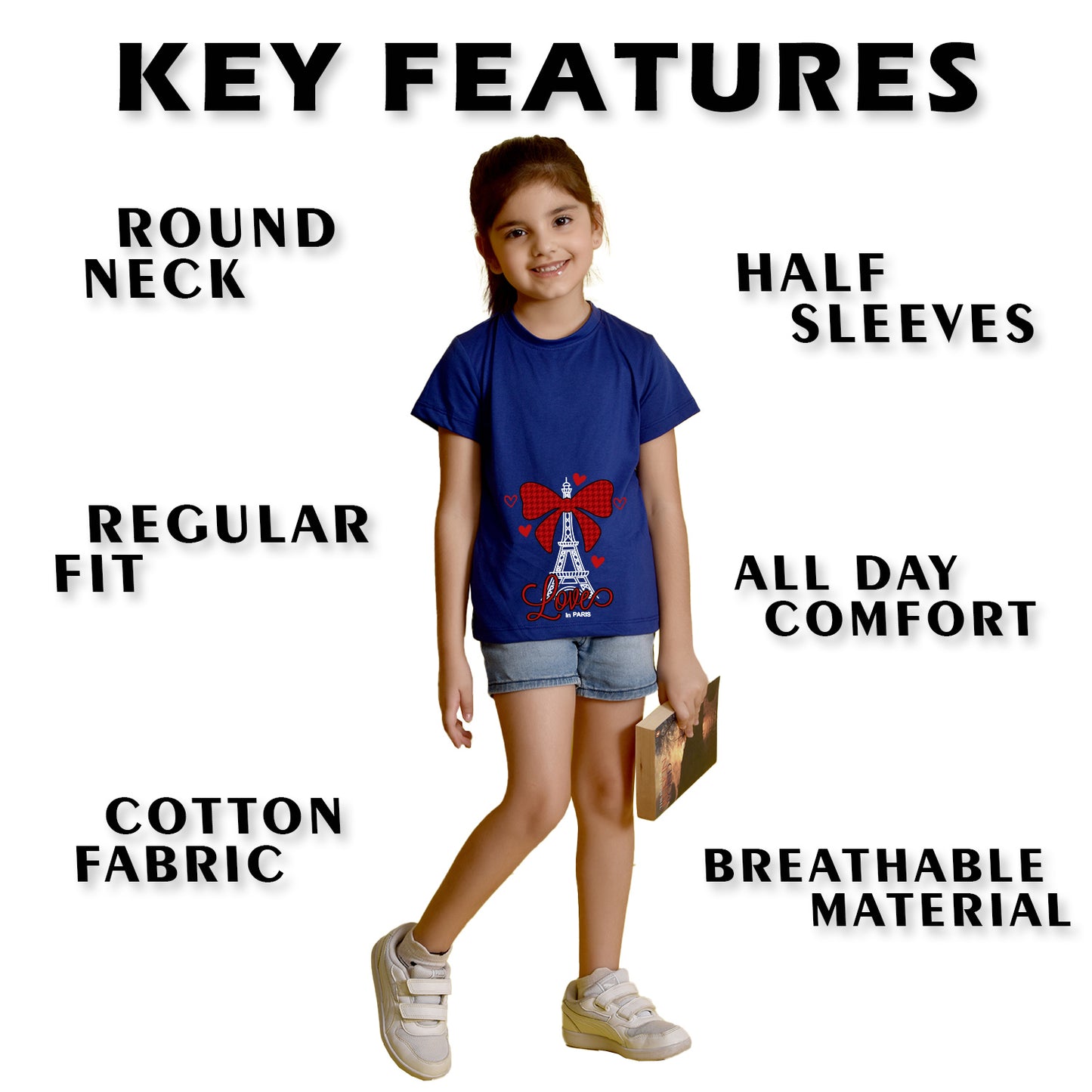 Nusyl Girl's Royal Blue Eiffel Tower & Text Printed Regular Fit T-Shirt