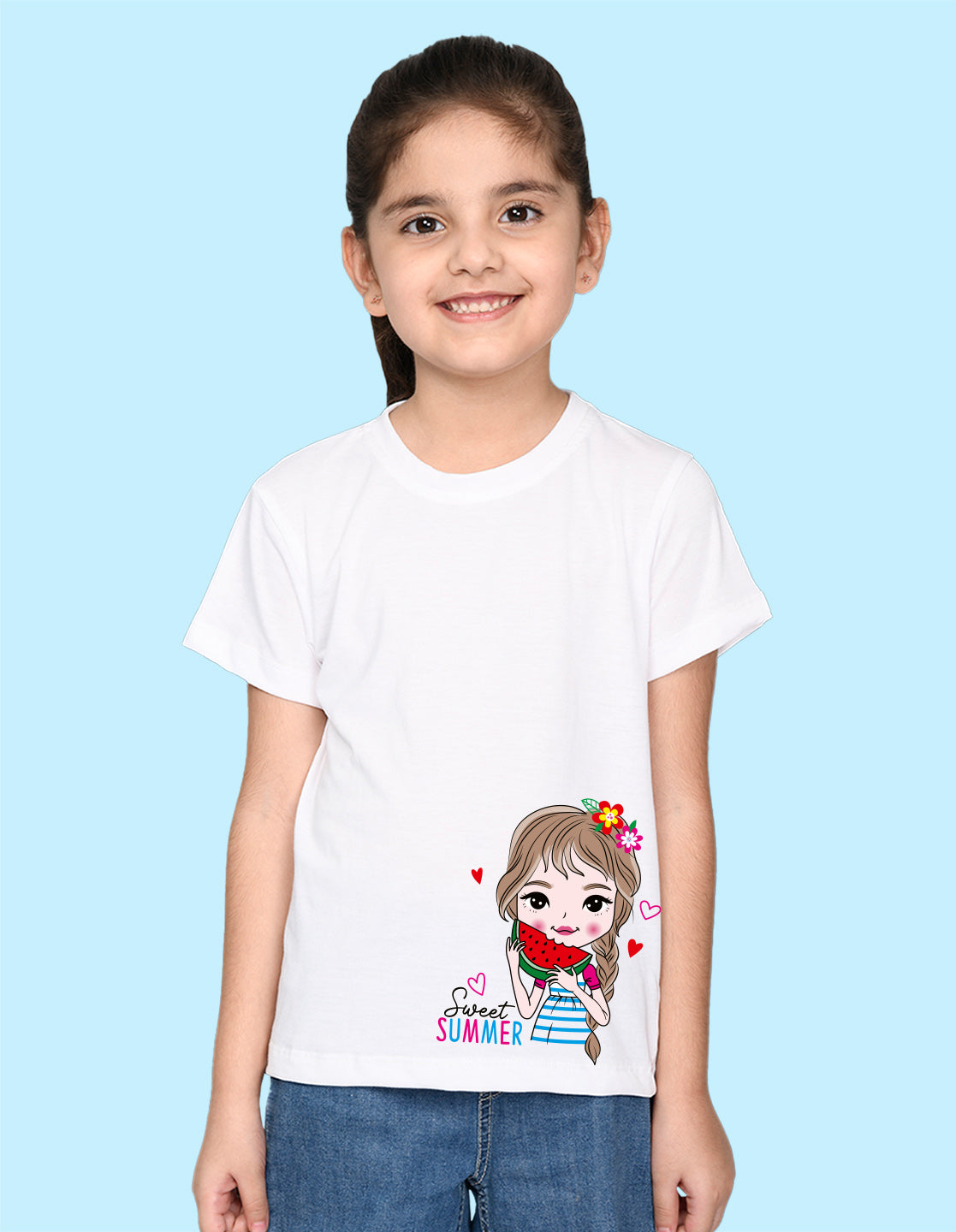 Nusyl Girl's White Cute Girl & Text Printed Regular Fit T-Shirt