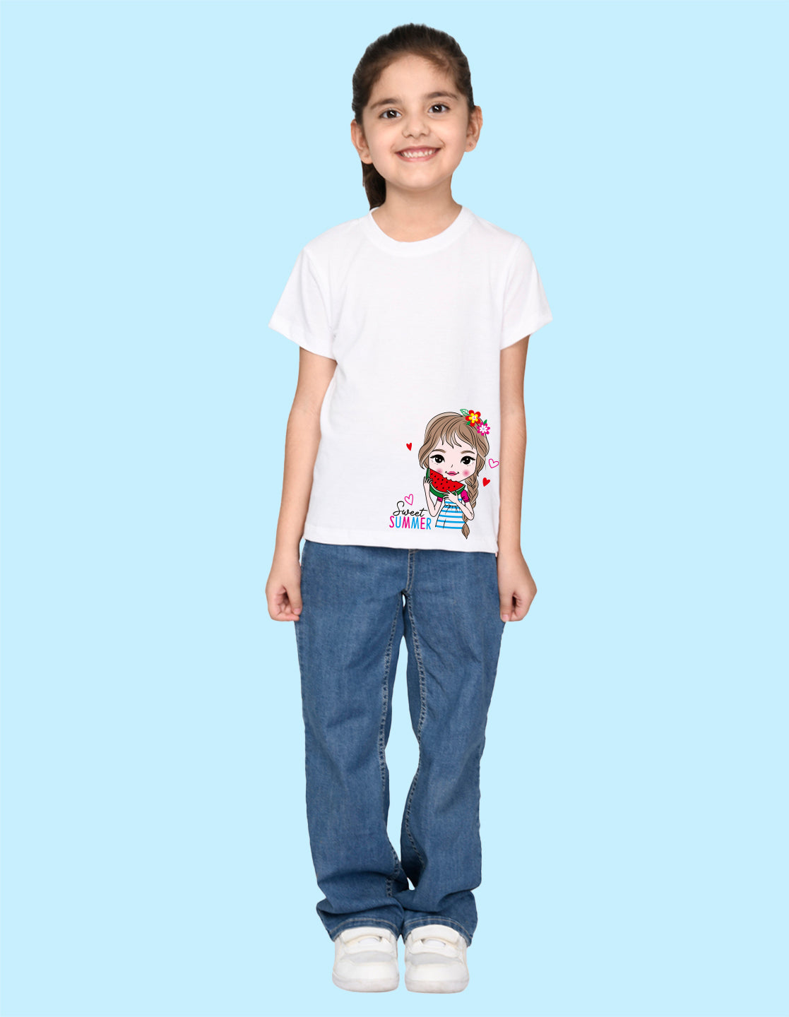 Nusyl Girl's White Cute Girl & Text Printed Regular Fit T-Shirt