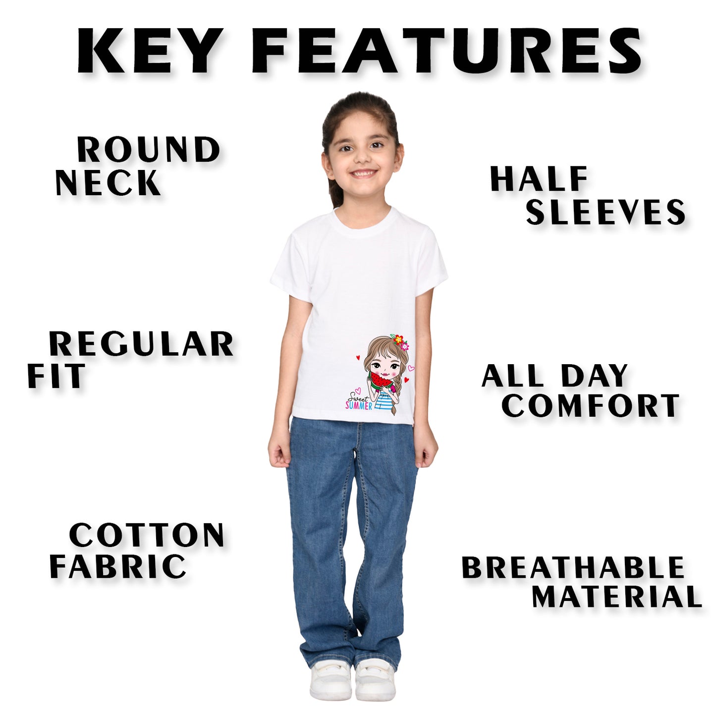 Nusyl Girl's White Cute Girl & Text Printed Regular Fit T-Shirt