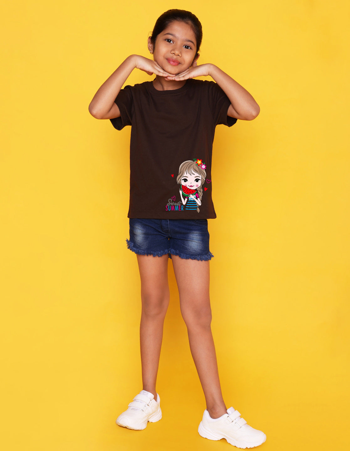 Nusyl Girl's Brown Cute Girl & Text Printed Regular Fit T-Shirt