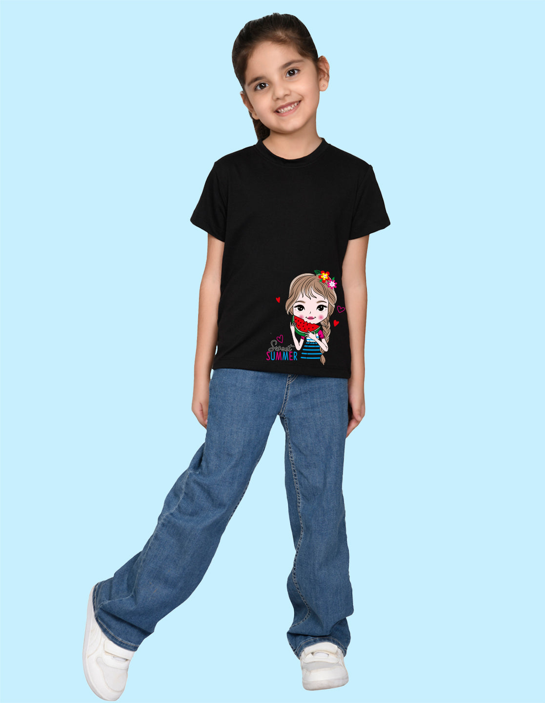 Nusyl Girl's Black Cute Girl & Text Printed Regular Fit T-Shirt