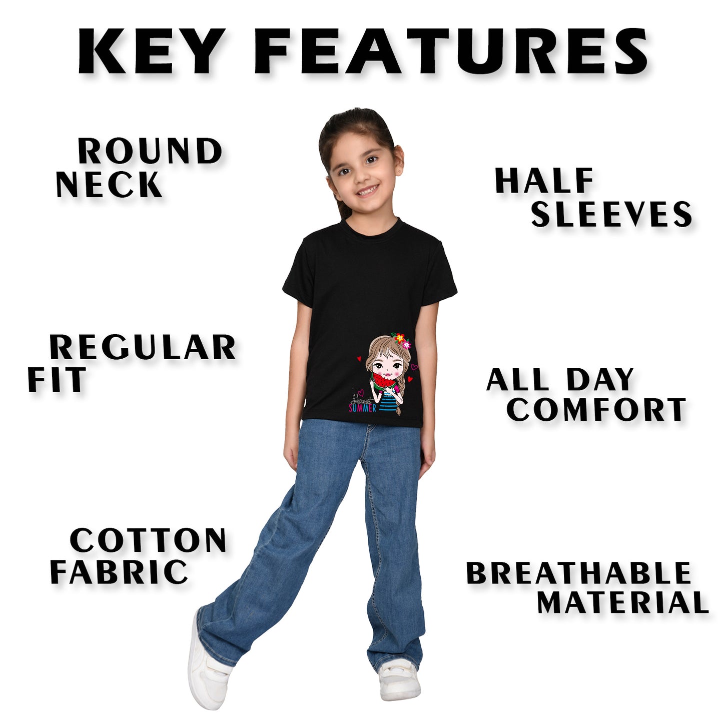 Nusyl Girl's Black Cute Girl & Text Printed Regular Fit T-Shirt