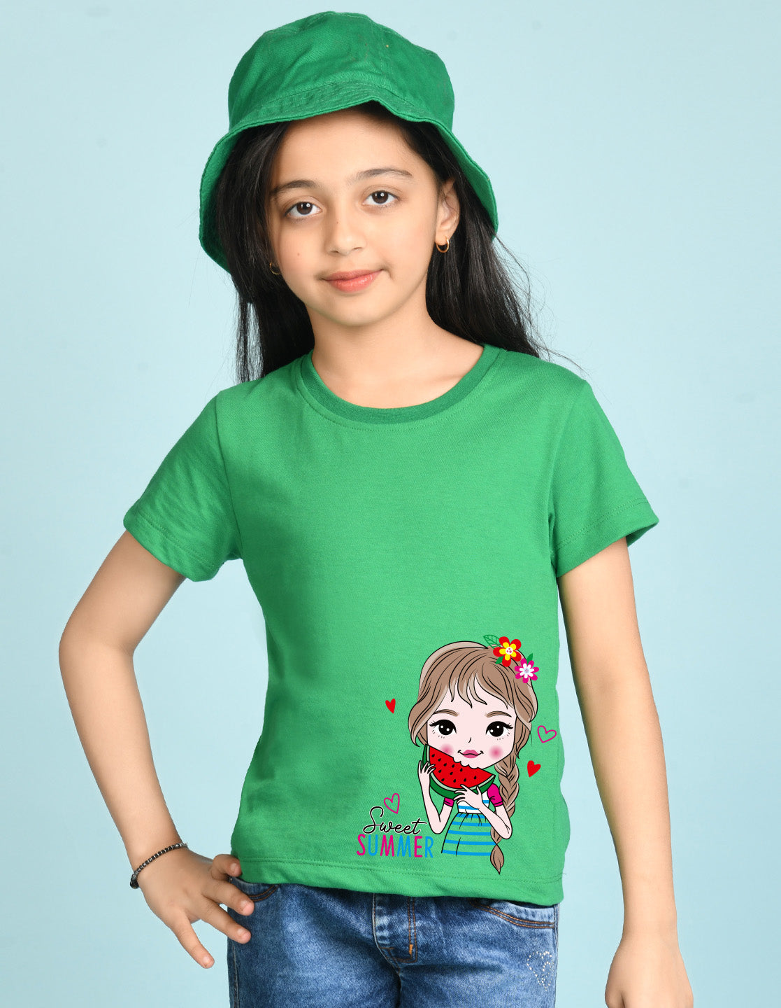 Nusyl Girl's Green Cute Girl & Text Printed Regular Fit T-Shirt