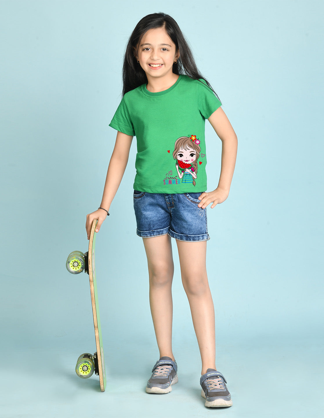 Nusyl Girl's Green Cute Girl & Text Printed Regular Fit T-Shirt