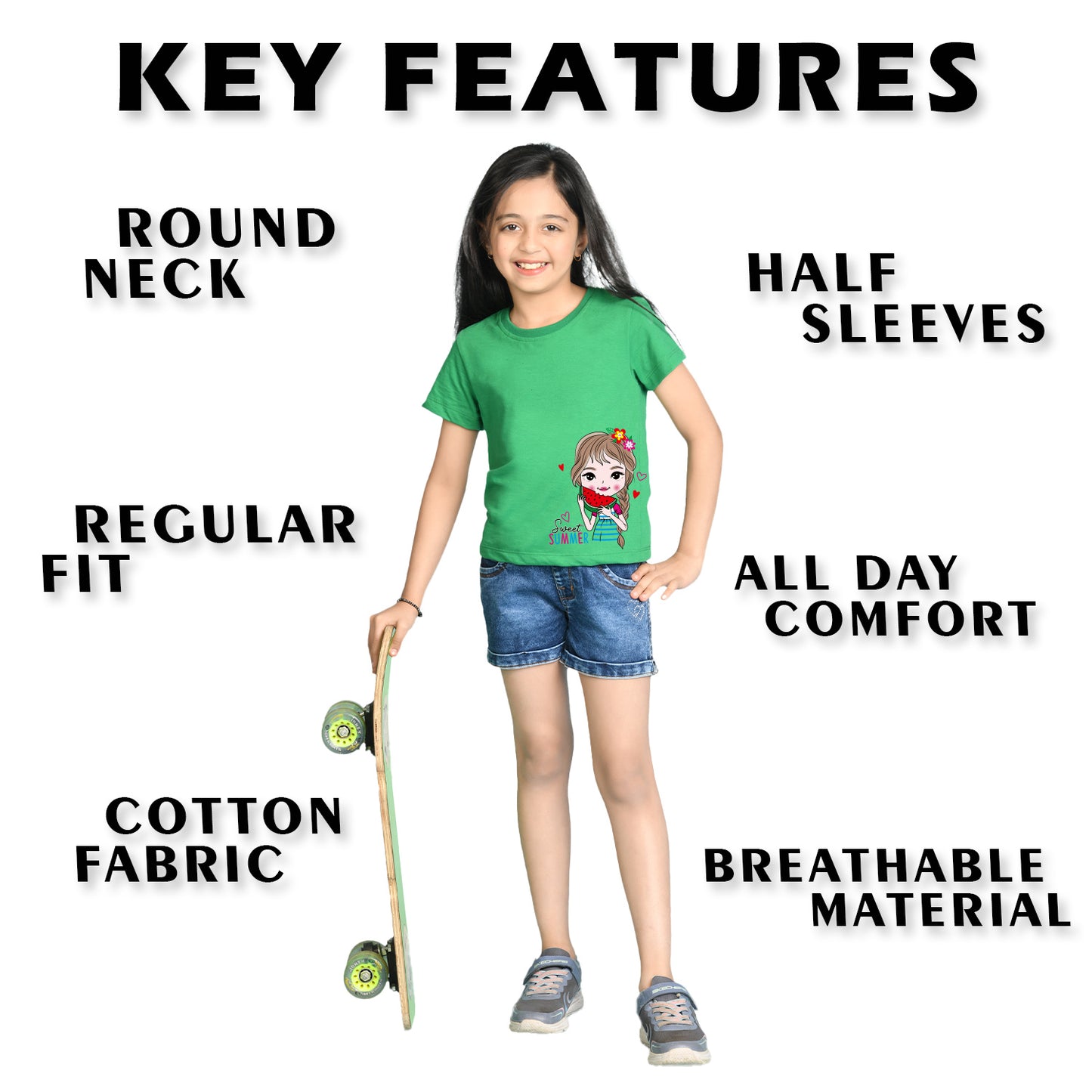 Nusyl Girl's Green Cute Girl & Text Printed Regular Fit T-Shirt