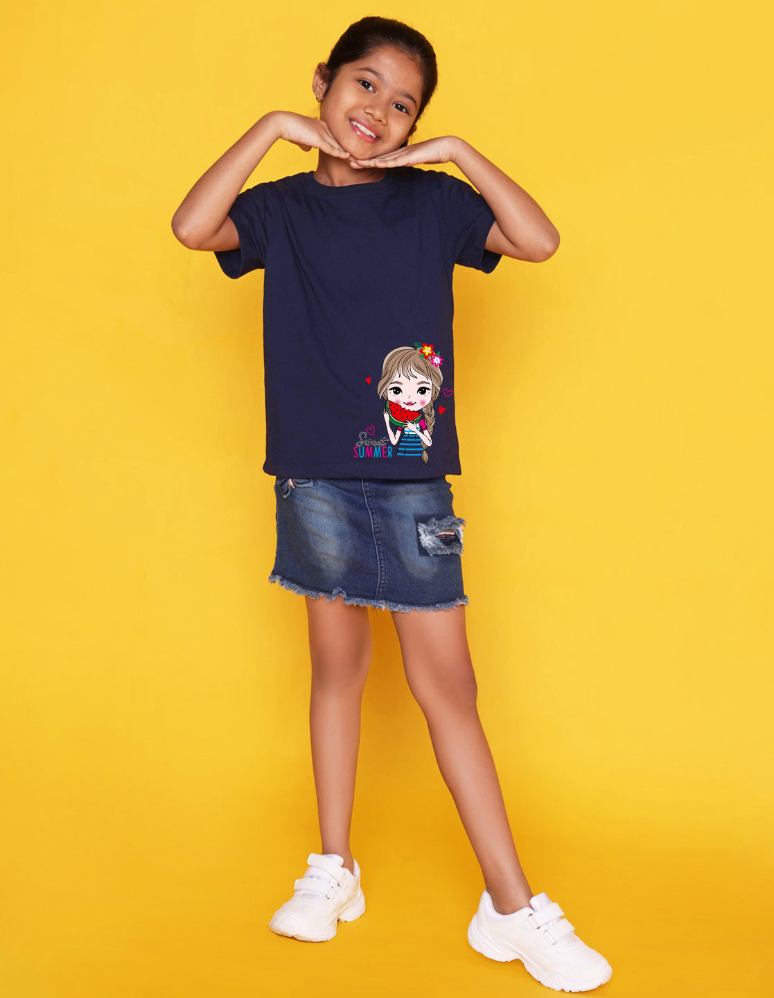 Nusyl Girl's Navy Blue Cute Girl & Text Printed Regular Fit T-Shirt