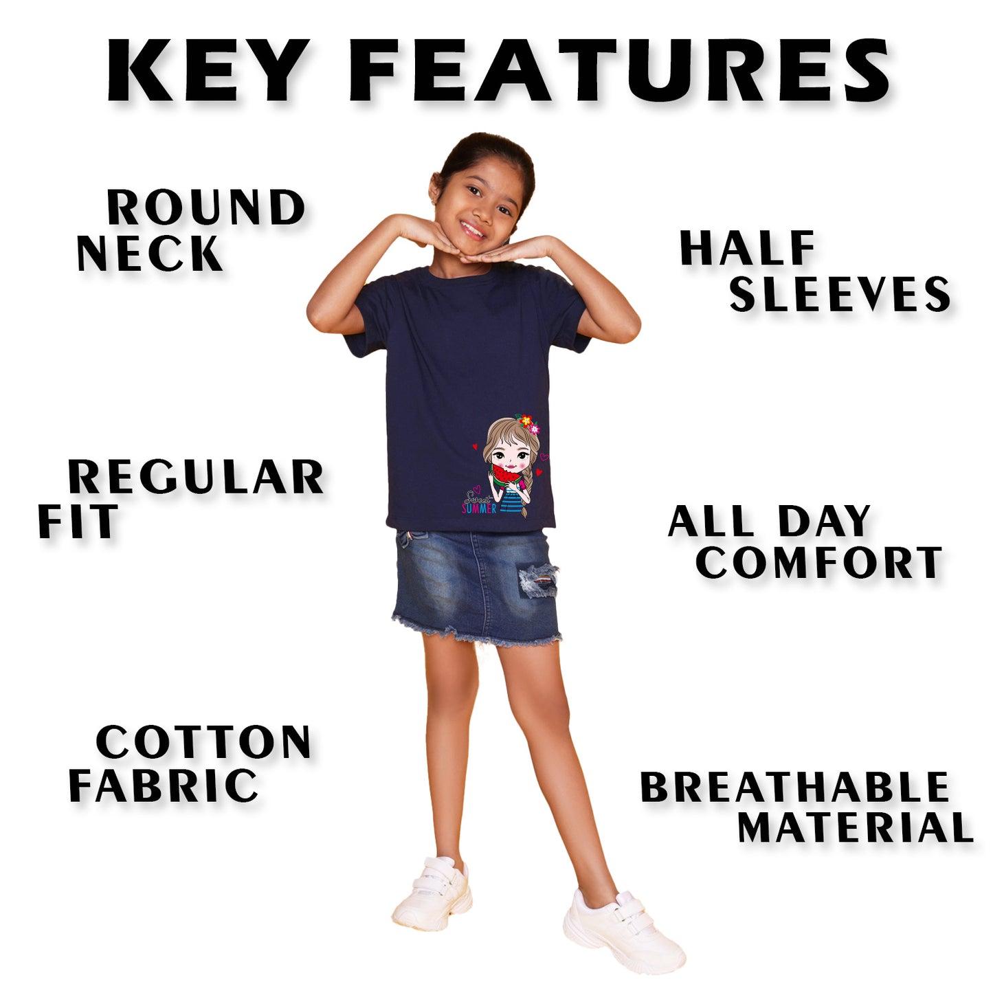 Nusyl Girl's Navy Blue Cute Girl & Text Printed Regular Fit T-Shirt