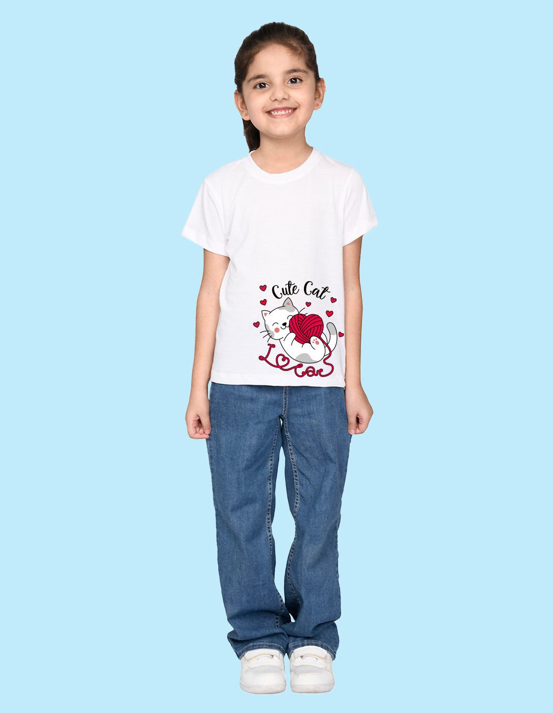 Nusyl Girl's White Cute cat Printed Regular Fit T-Shirt